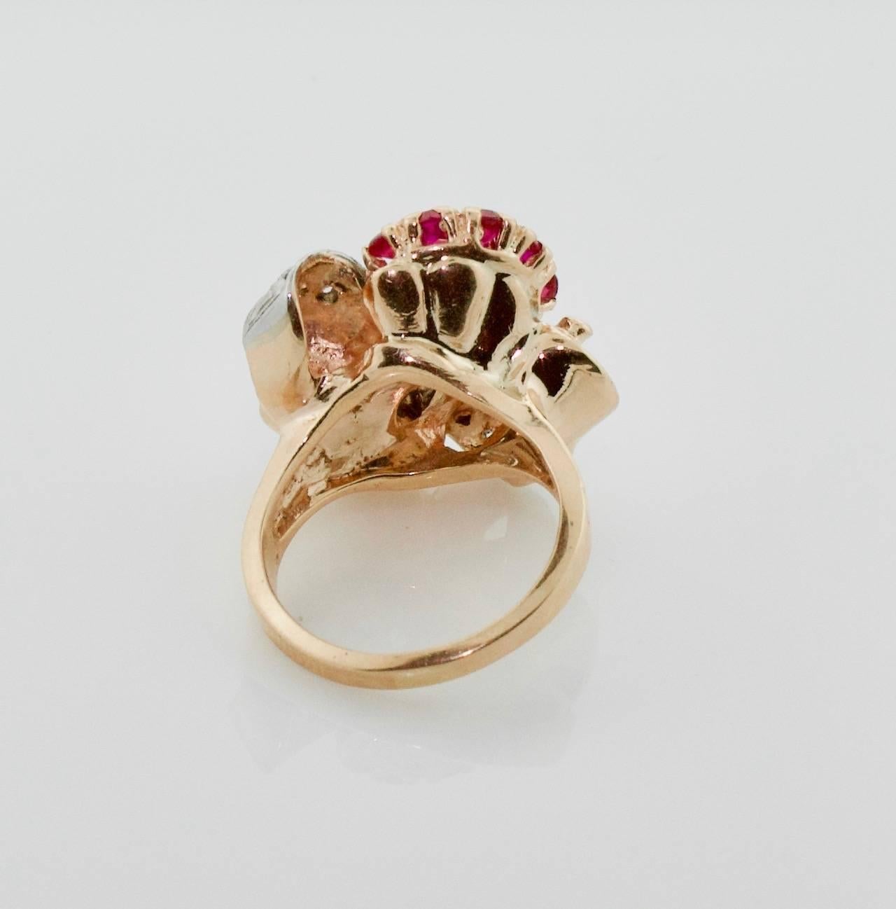Round Cut Retro 1940s Ruby and Diamond Ring in Rose Gold and Platinum