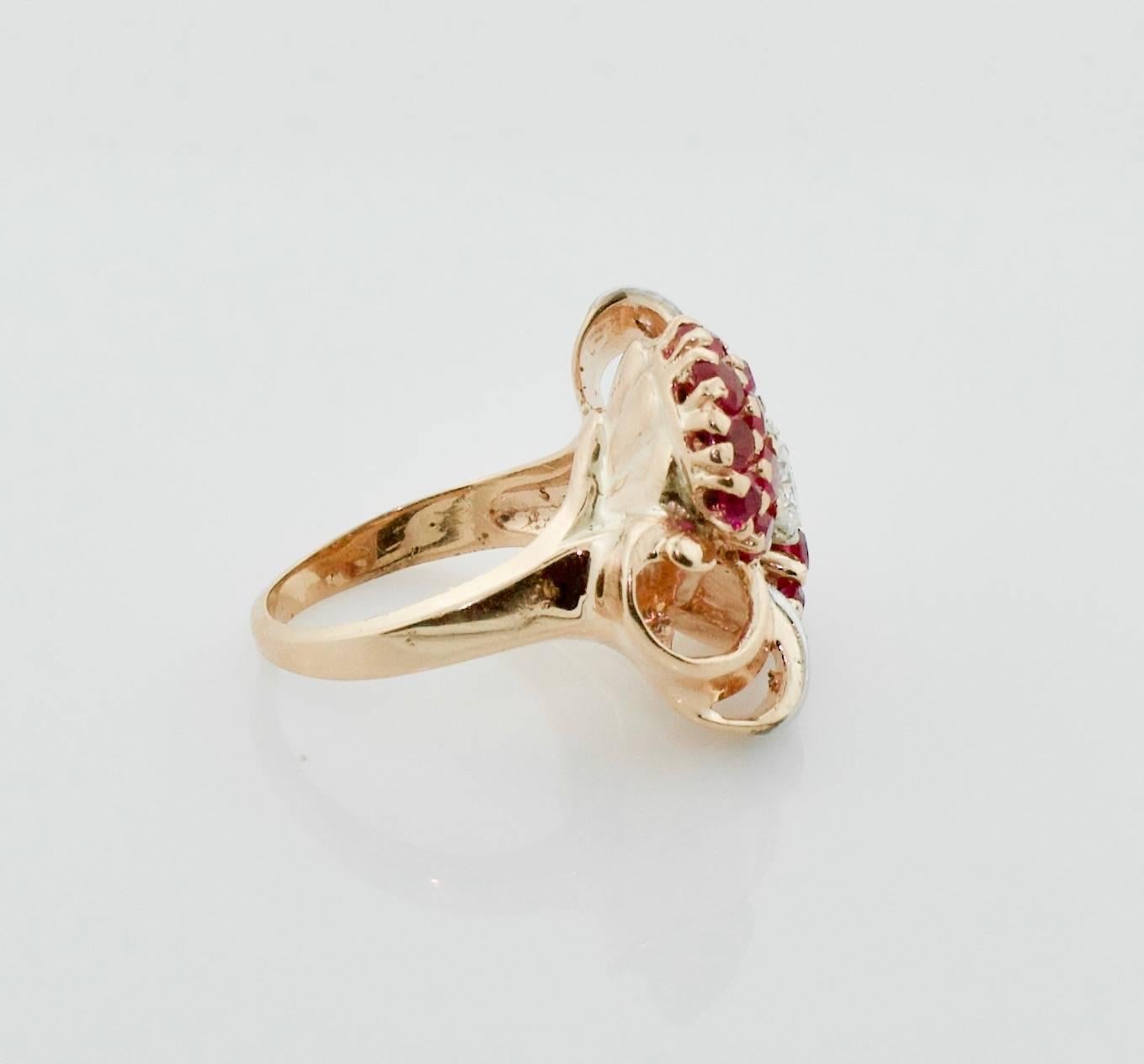 Women's or Men's Retro 1940s Ruby and Diamond Ring in Rose Gold and Platinum