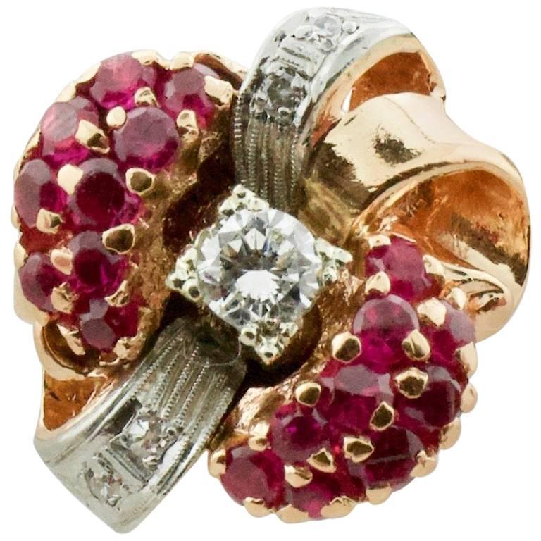 Retro 1940s Ruby and Diamond Ring in Rose Gold and Platinum