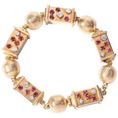 Retro 1940s Ruby, Diamond and Rose Gold Link Bracelet