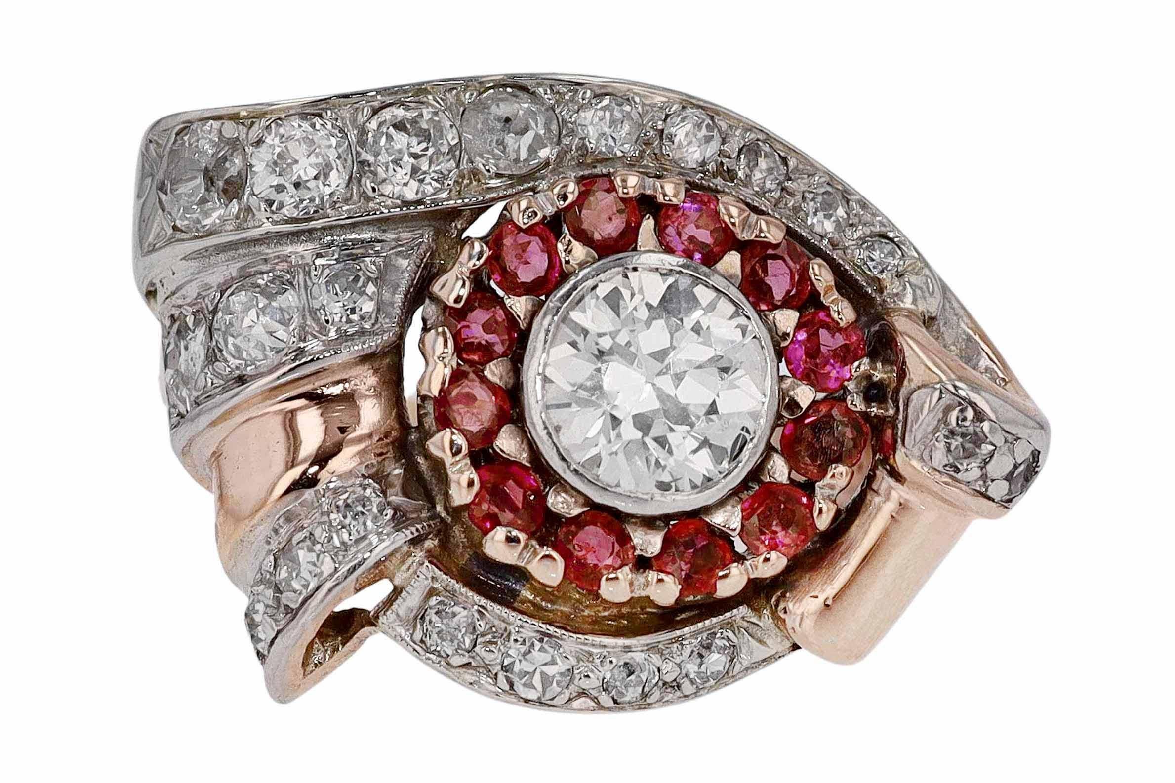 Women's Retro 1940s Ruby & Diamond Cocktail Ring For Sale