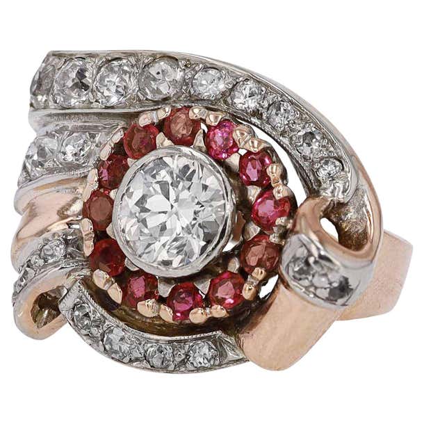 Retro Ruby Retro 1940s Ruby and Diamond Cocktail Ring For Sale at 1stDibs