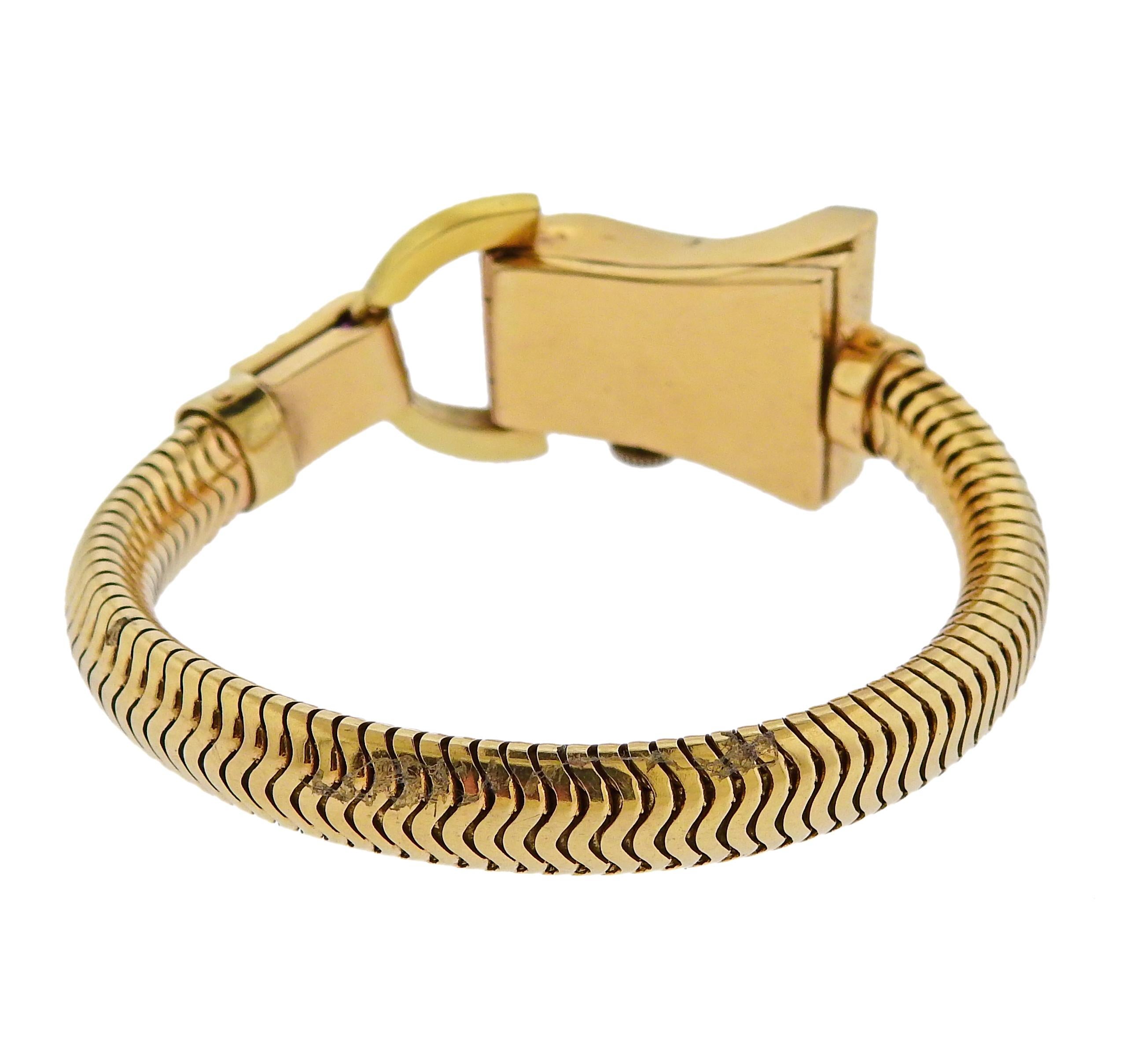 Retro 1940s Ruby Diamond Gold Watch Bracelet In Excellent Condition For Sale In New York, NY