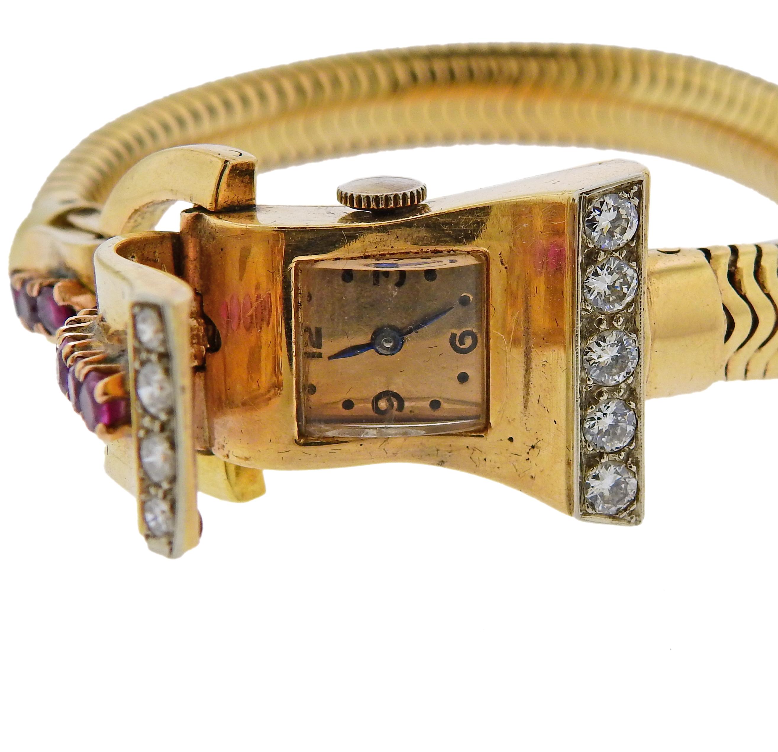 Women's Retro 1940s Ruby Diamond Gold Watch Bracelet For Sale