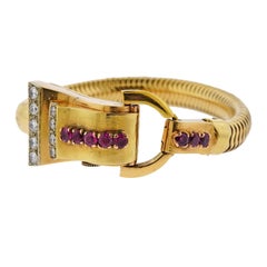 Retro 1940s Ruby Diamond Gold Watch Bracelet