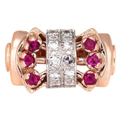 Retro 1940s Ruby Diamond Ring Vintage 14 Karat Gold Dome Cocktail Fine Jewelry