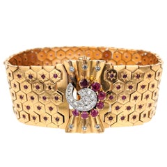 Retro 1940s Ruby Diamond Rose Gold Bracelet