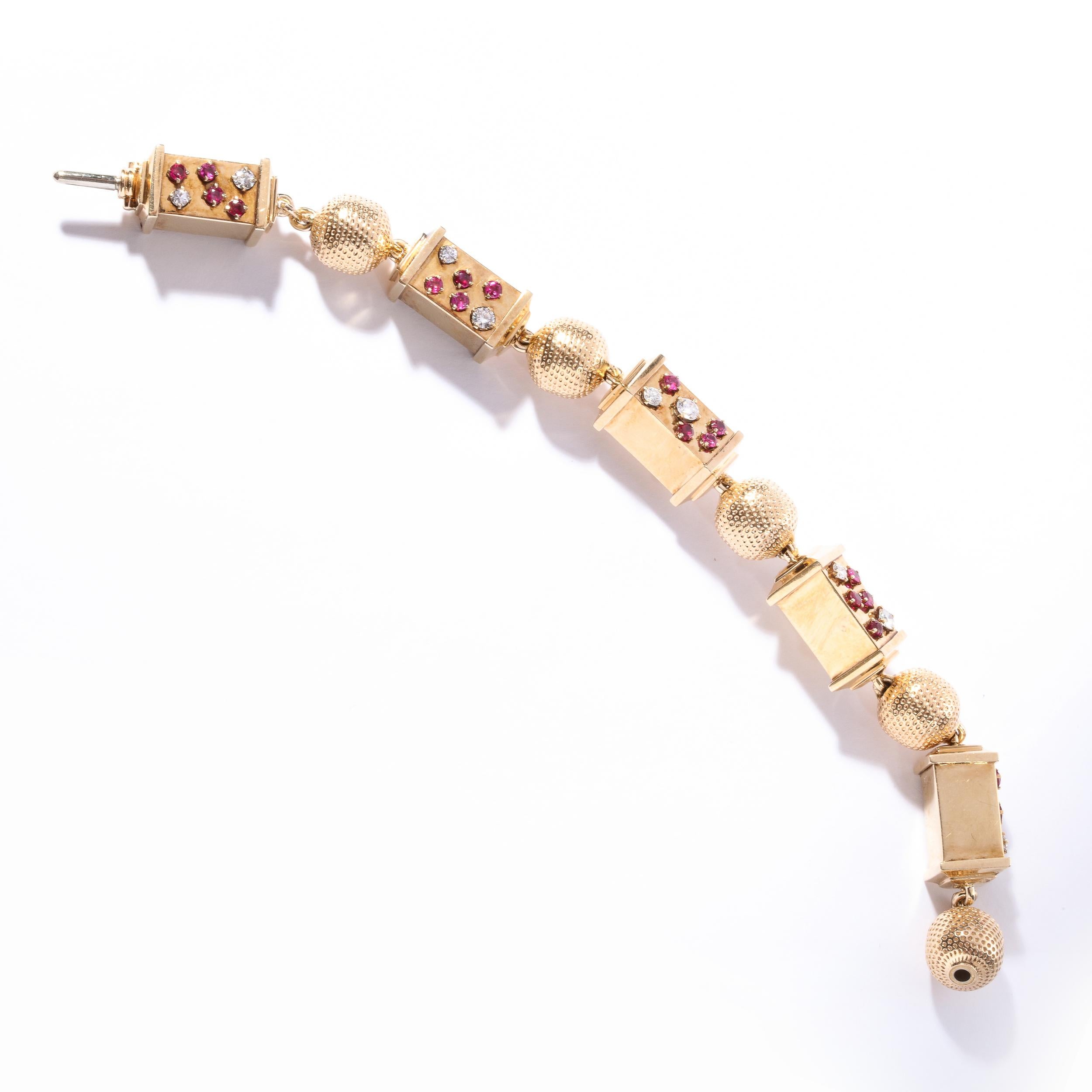 Retro 1940s Ruby, Diamond and Rose Gold Link Bracelet 1