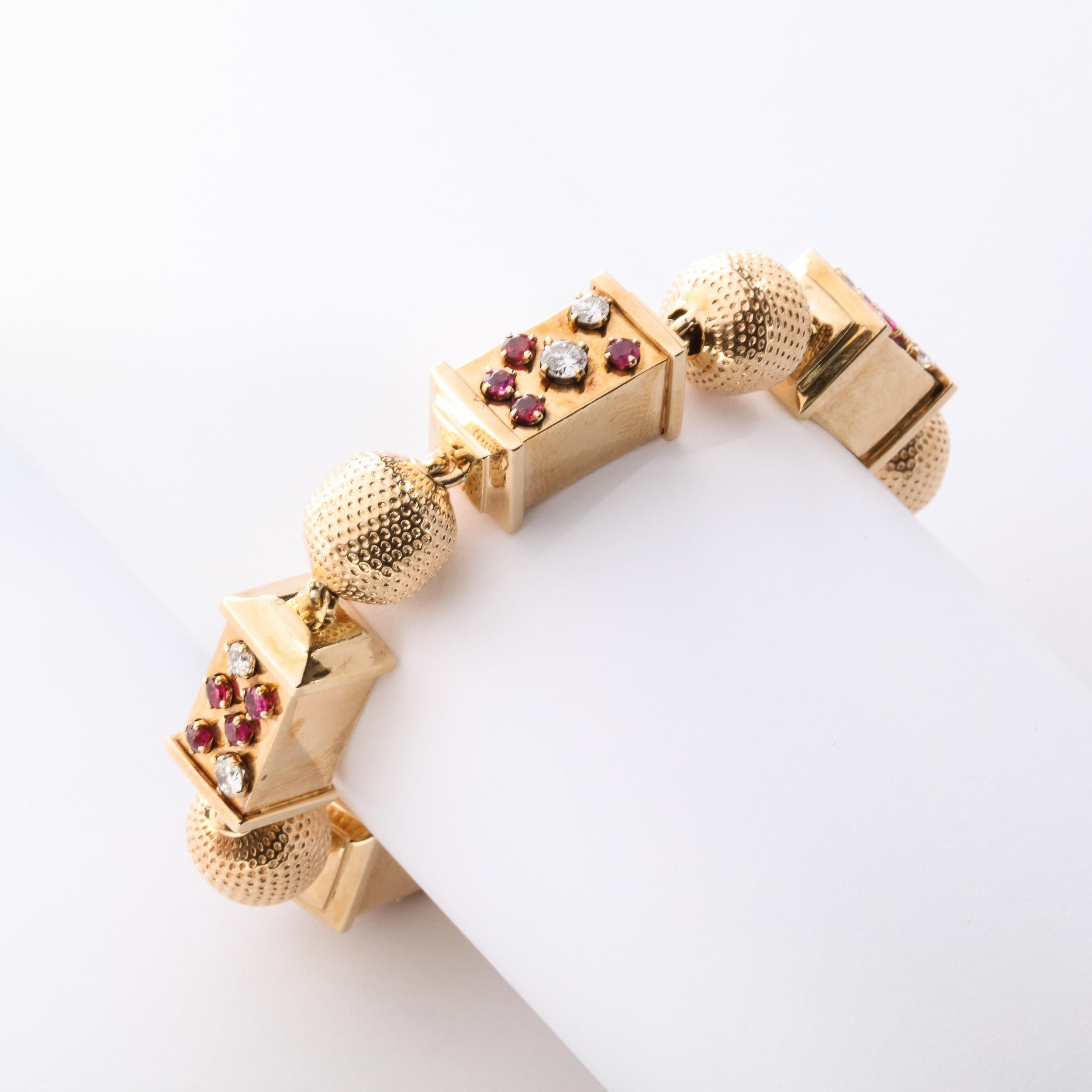 Retro 1940s Ruby, Diamond and Rose Gold Link Bracelet 2
