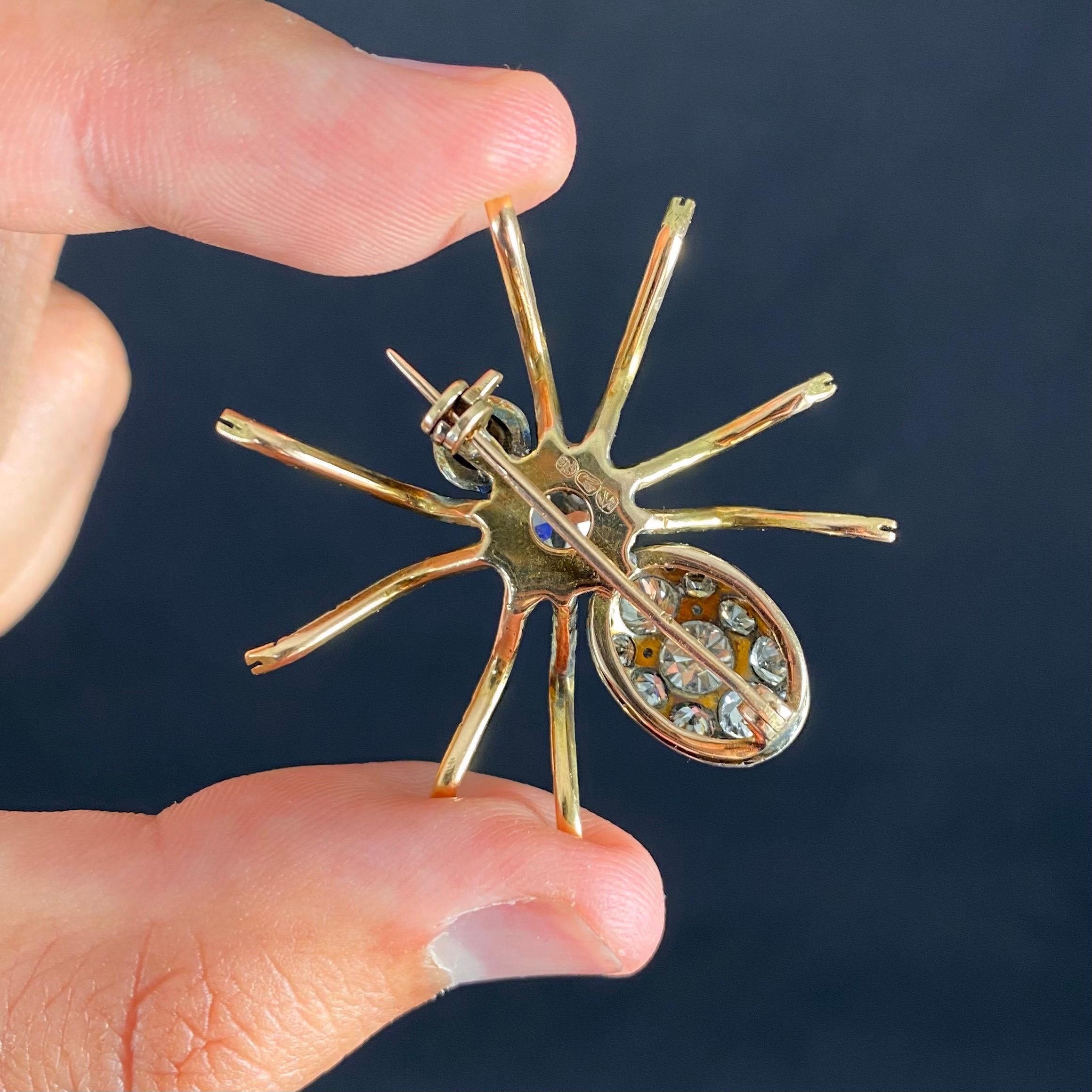 Old Mine Cut Retro 1940s Tarantula Spider Old Cut Pave Diamond Brooch Silver Yellow Gold For Sale