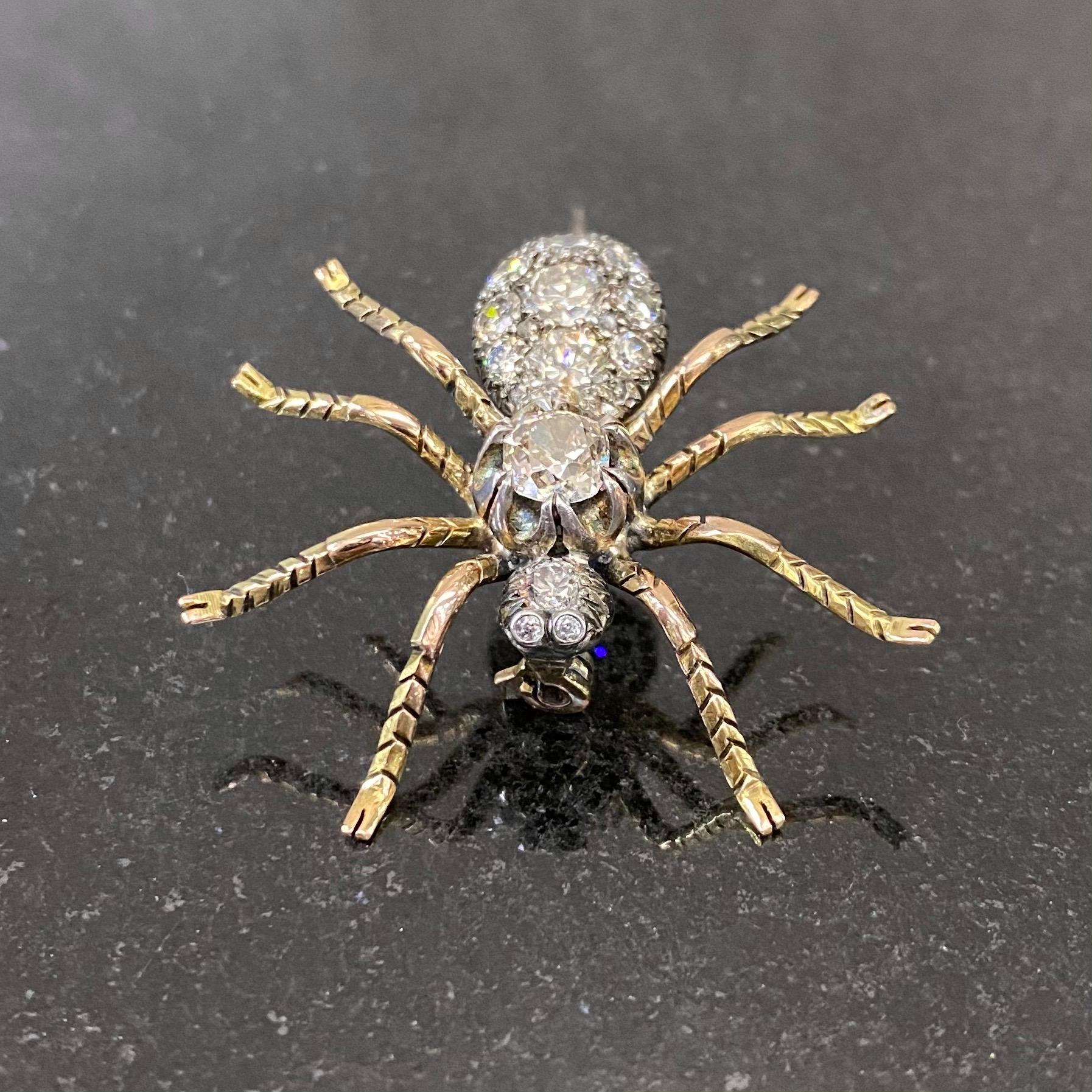 Women's or Men's Retro 1940s Tarantula Spider Old Cut Pave Diamond Brooch Silver Yellow Gold For Sale