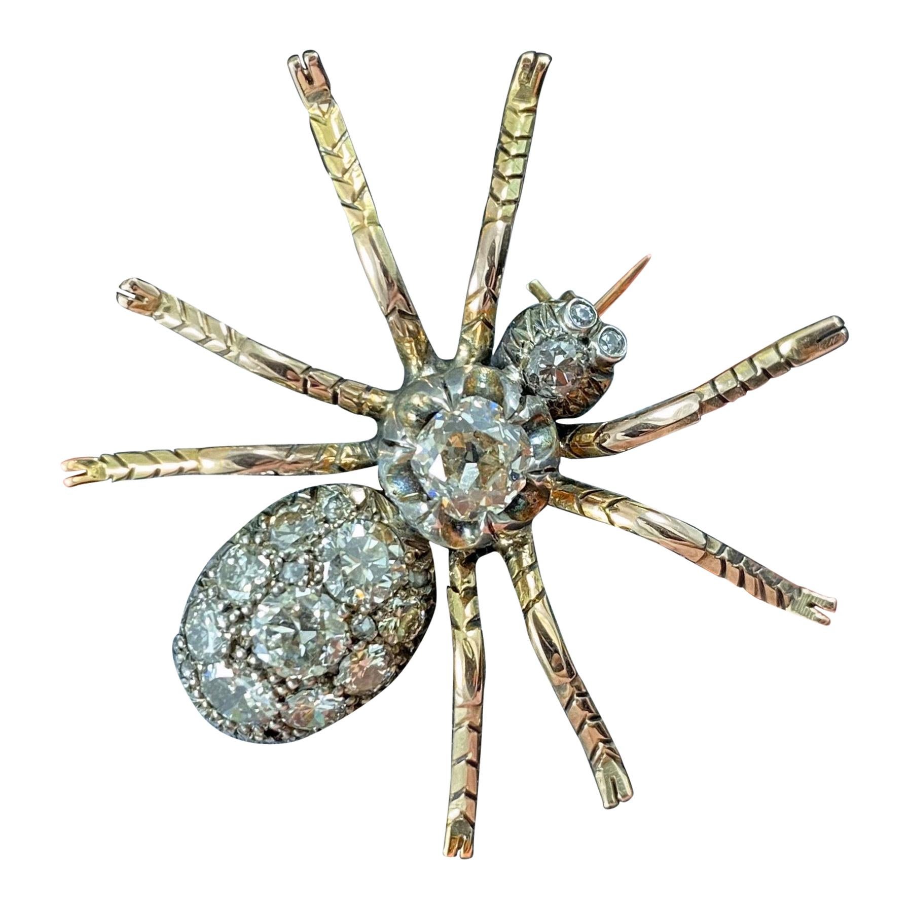 Retro 1940s Tarantula Spider Old Cut Pave Diamond Brooch Silver Yellow Gold For Sale