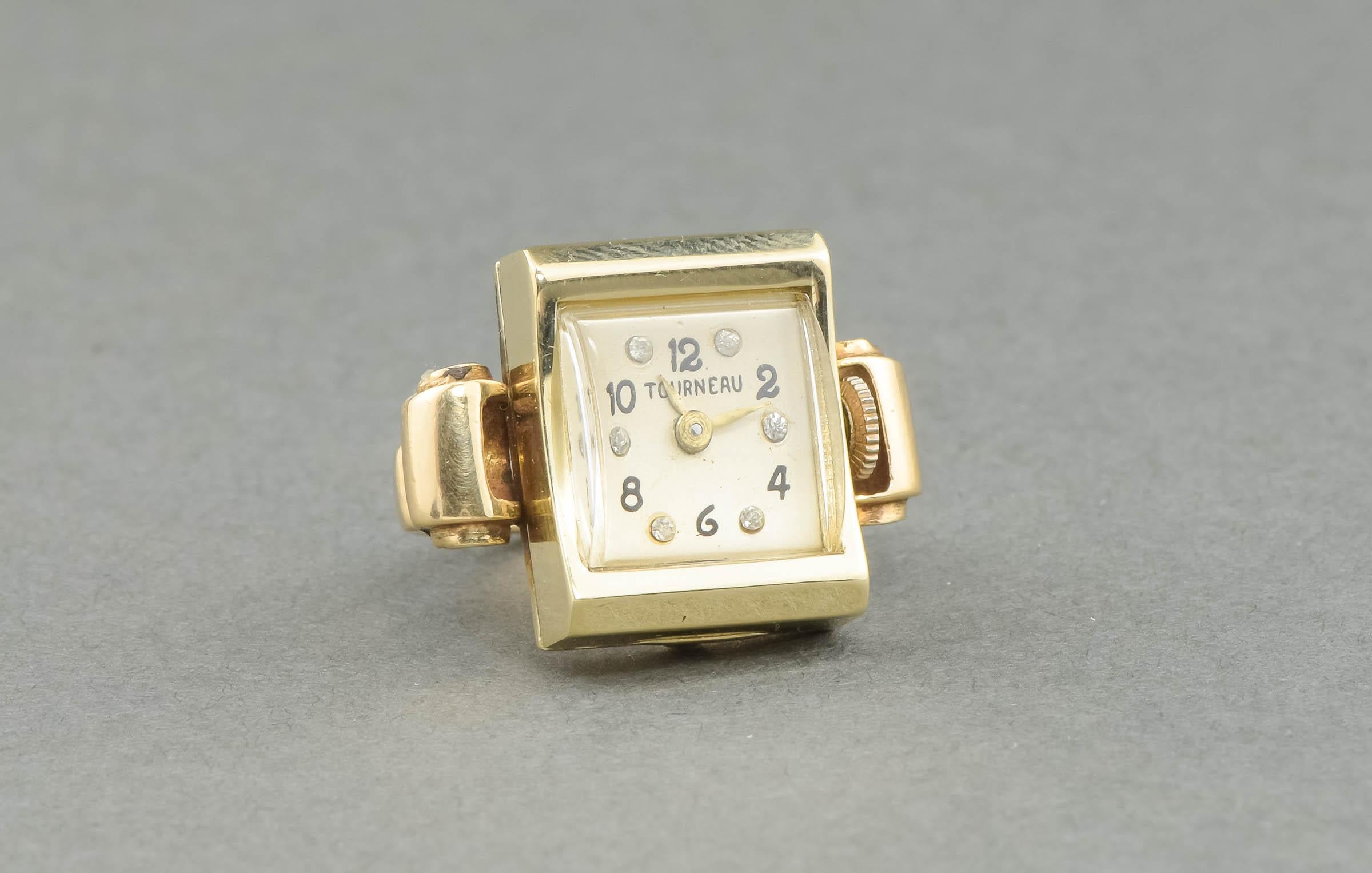 Retro 1940s Tourneau Watch Ring in 14k Gold with Provenance 2
