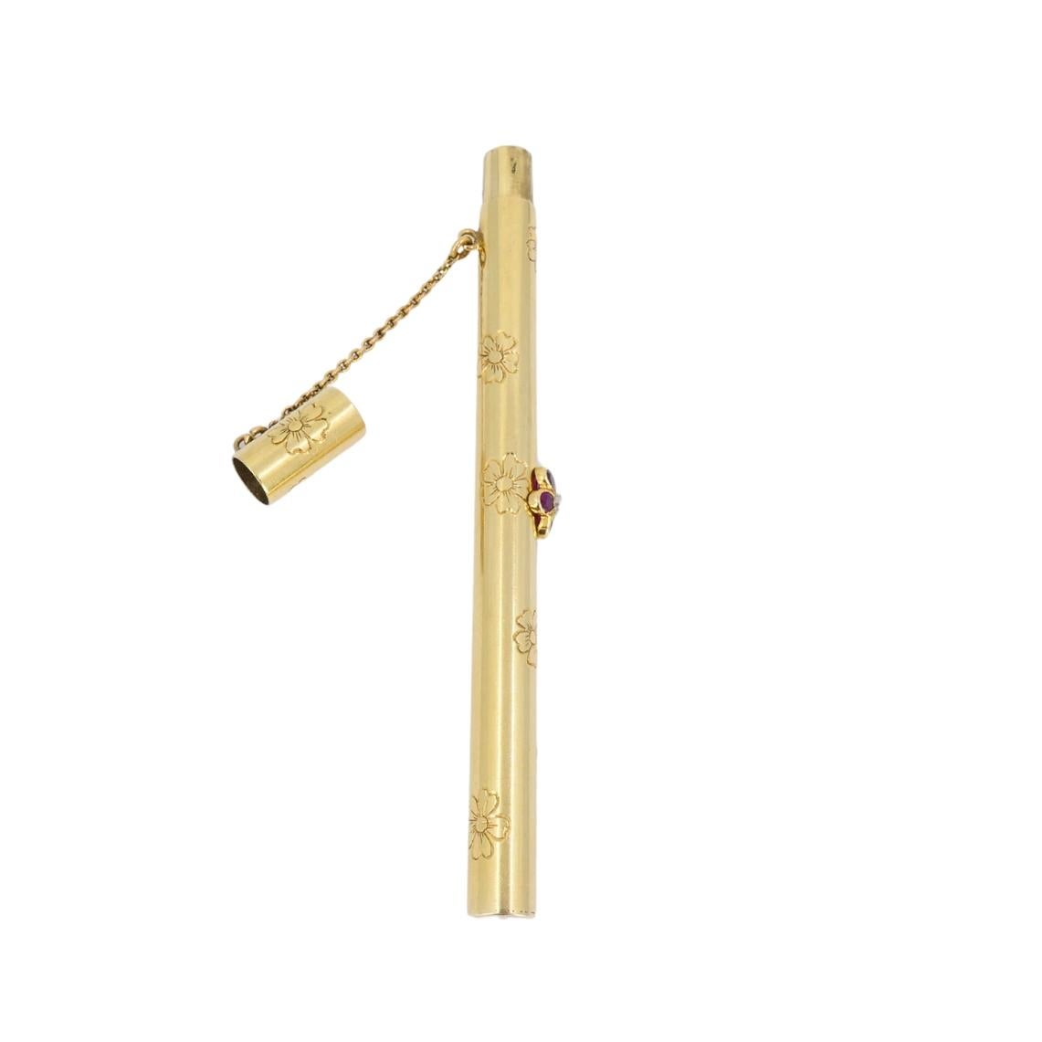 Retro 1940s Van Cleef & Arpels 14k Gold Ruby Pocket Make-Up Brush For Sale 2