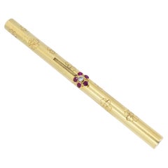 Retro 1940s Van Cleef & Arpels 14k Gold Ruby Pocket Make-Up Brush