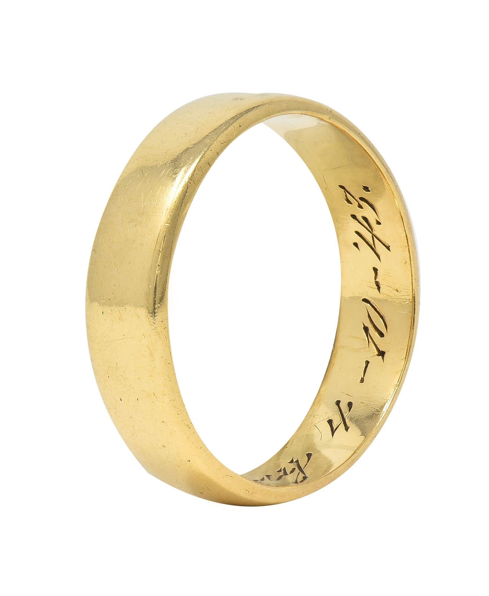 Designed as a sleek gold band 
Accented by rounded edges 
Complete by high polish finish 
Inscribed 'Susie to Tommy 4-10-43'
Stamped for 14 karat gold
Circa: 1940's; via dated inscription
Ring Size: 7 and not sizable
Measures north to south 5.0 mm
