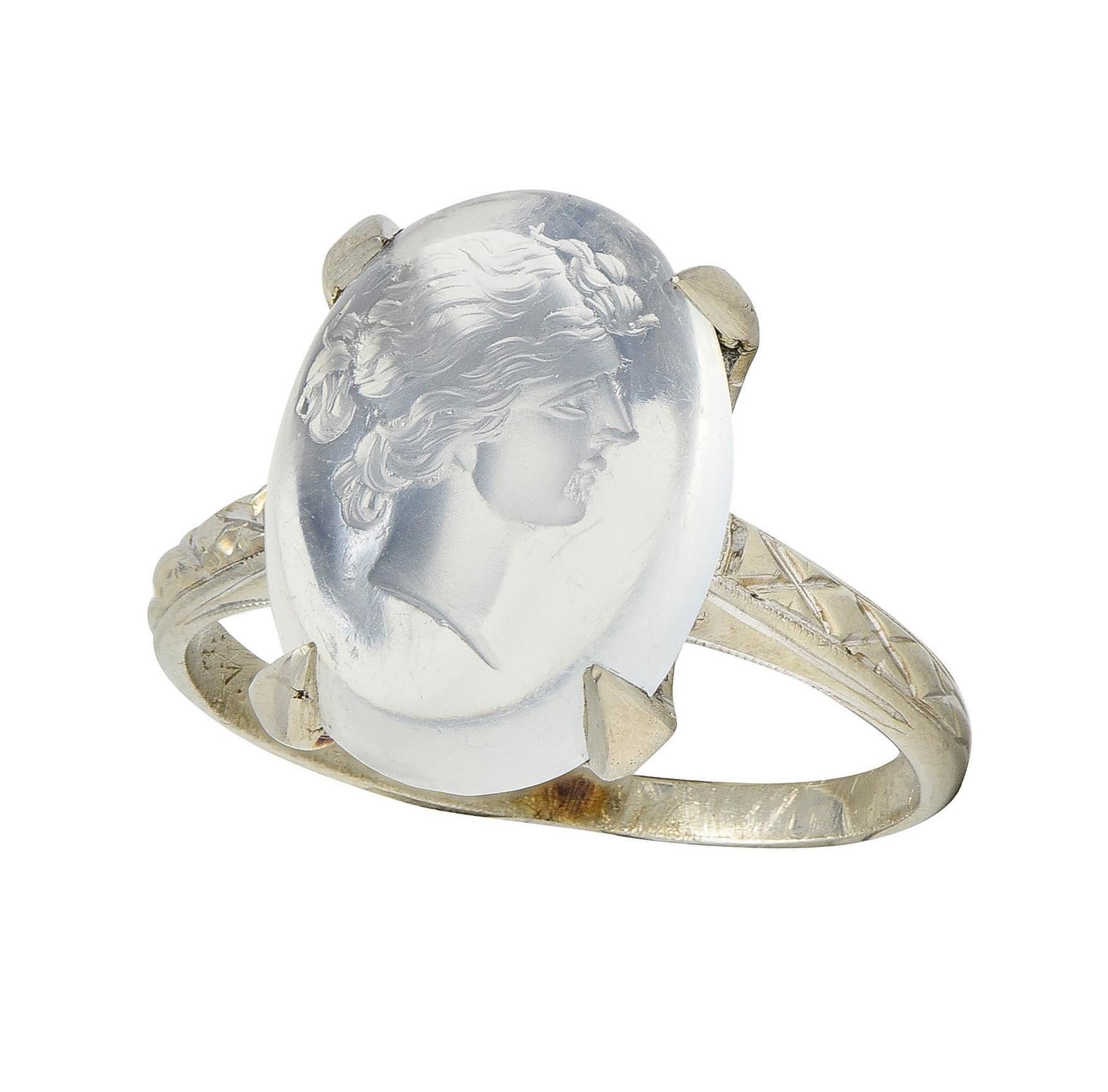 Retro 1943 Carved Moonstone 14 Karat White Gold Vintage Intaglio Ring For Sale 5