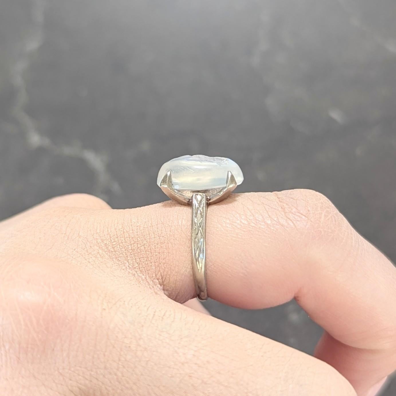 Retro 1943 Carved Moonstone 14 Karat White Gold Vintage Intaglio Ring For Sale 7