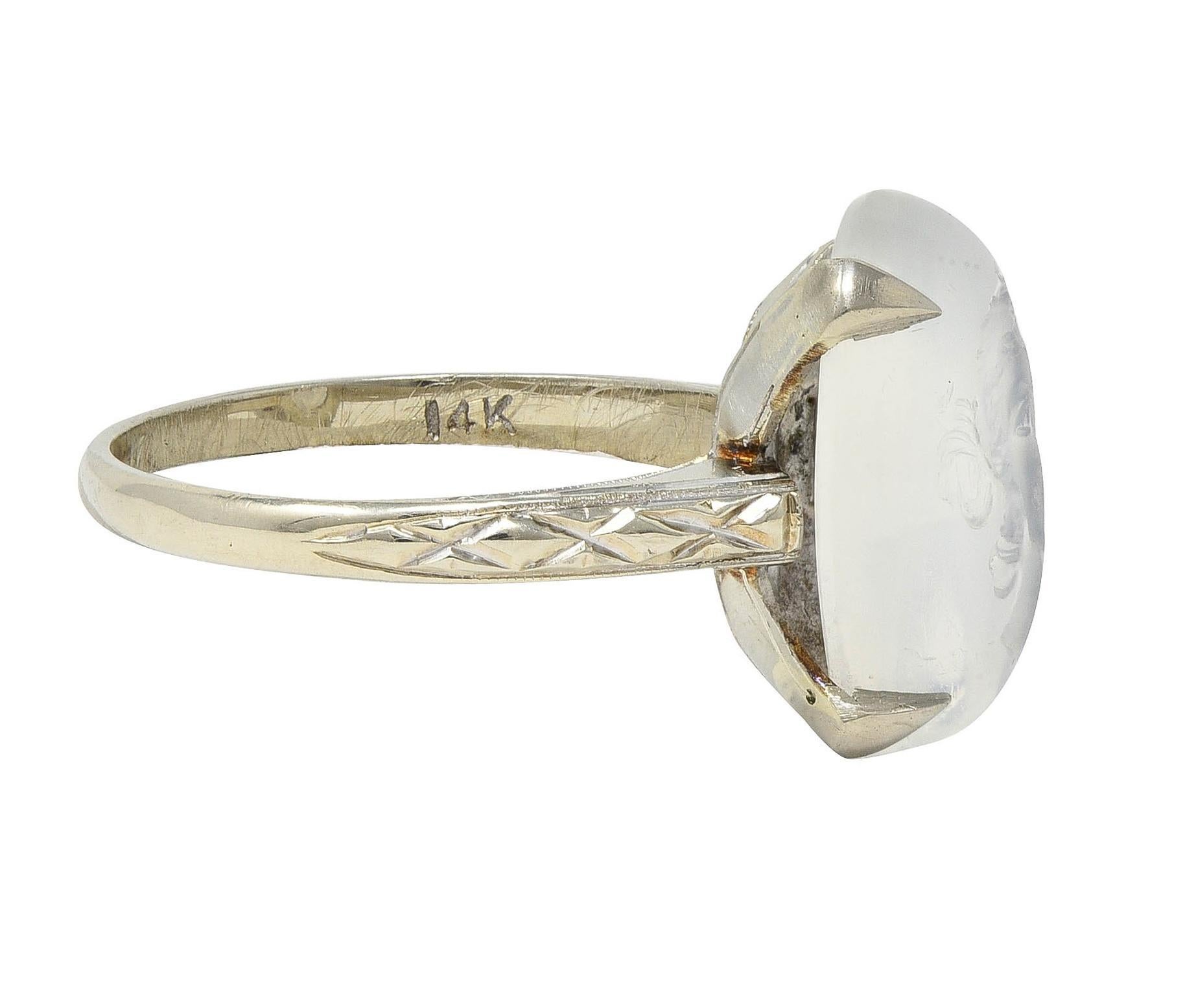 Mixed Cut Retro 1943 Carved Moonstone 14 Karat White Gold Vintage Intaglio Ring For Sale