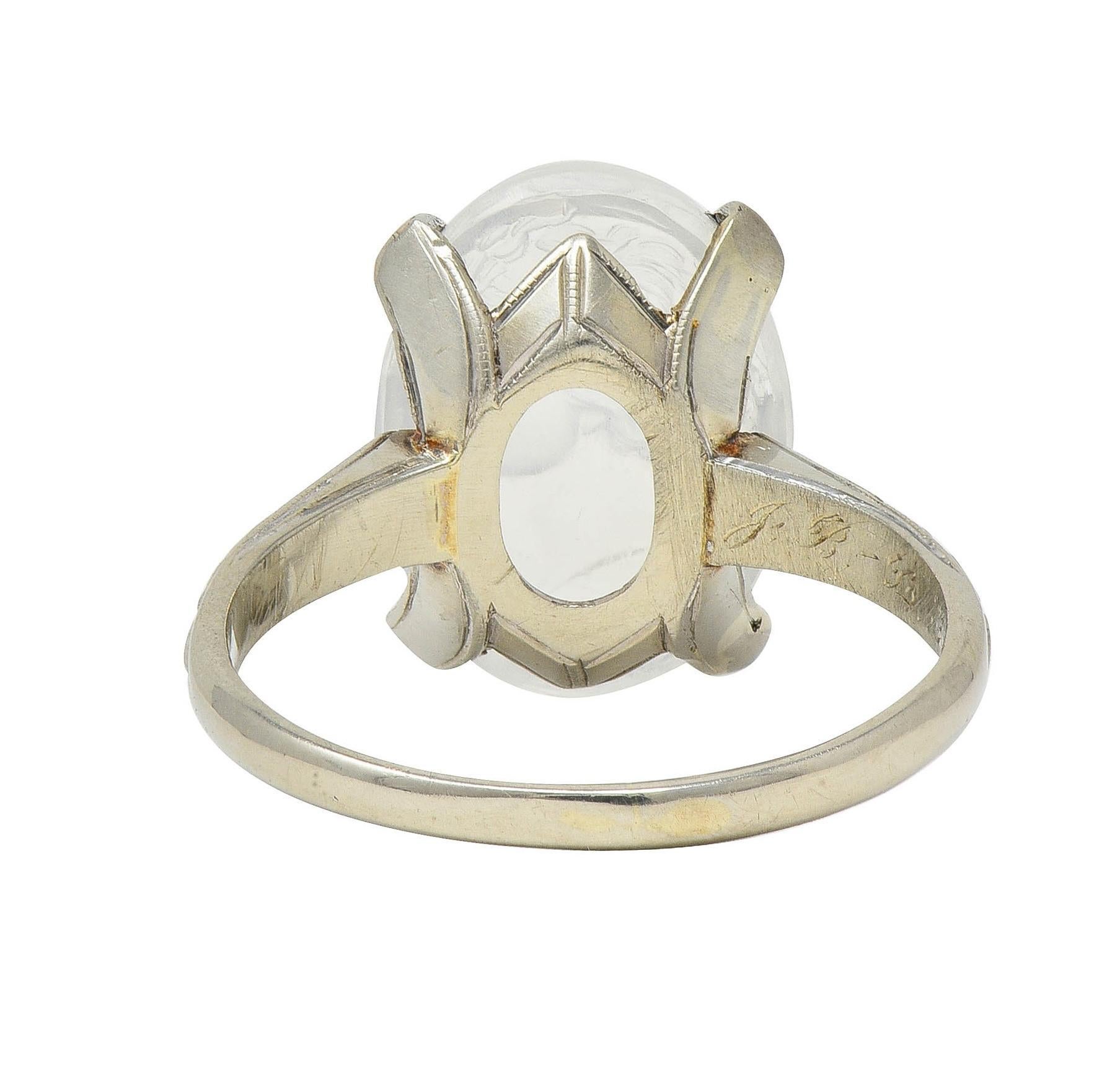 Retro 1943 Carved Moonstone 14 Karat White Gold Vintage Intaglio Ring In Excellent Condition For Sale In Philadelphia, PA