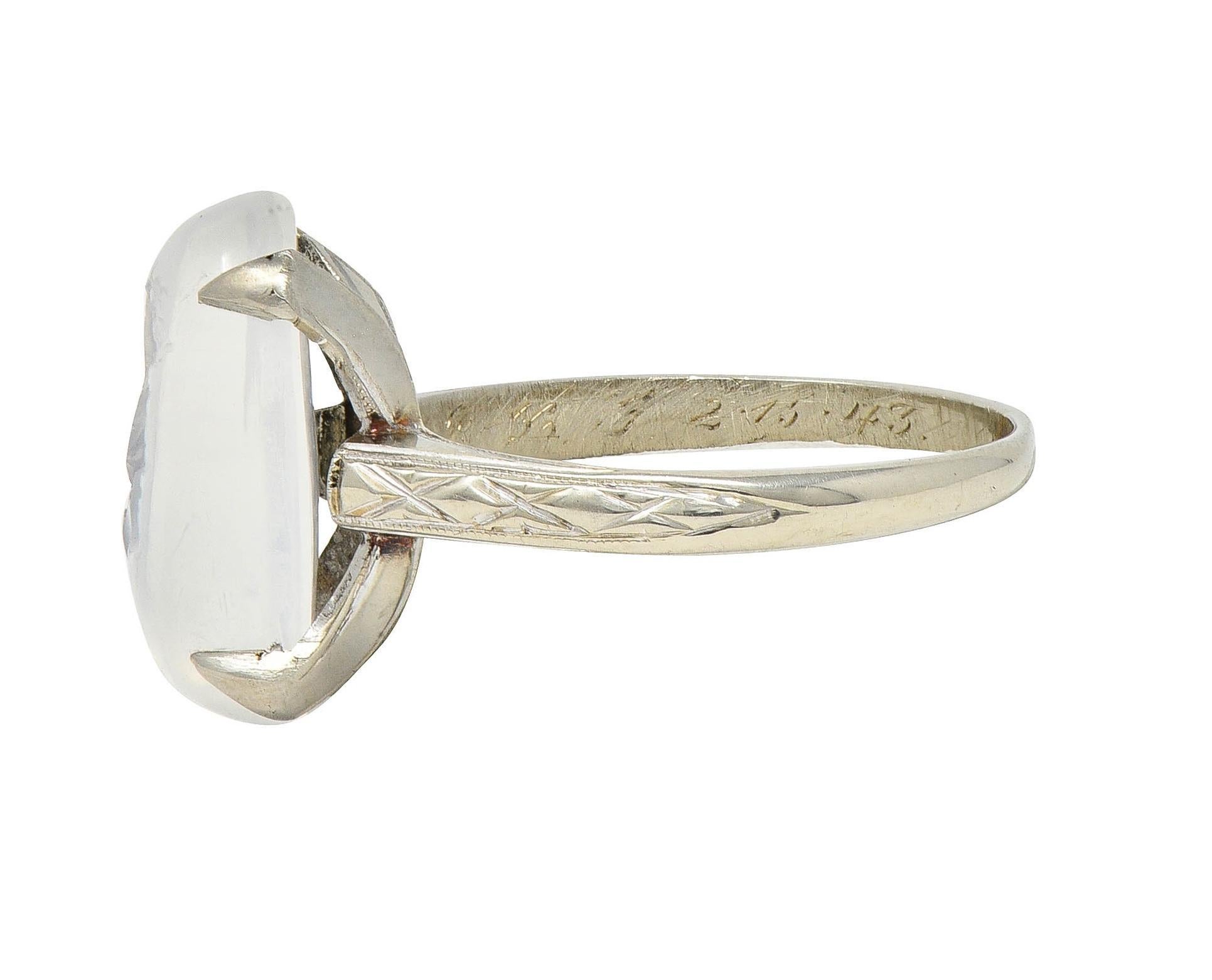 Women's or Men's Retro 1943 Carved Moonstone 14 Karat White Gold Vintage Intaglio Ring For Sale