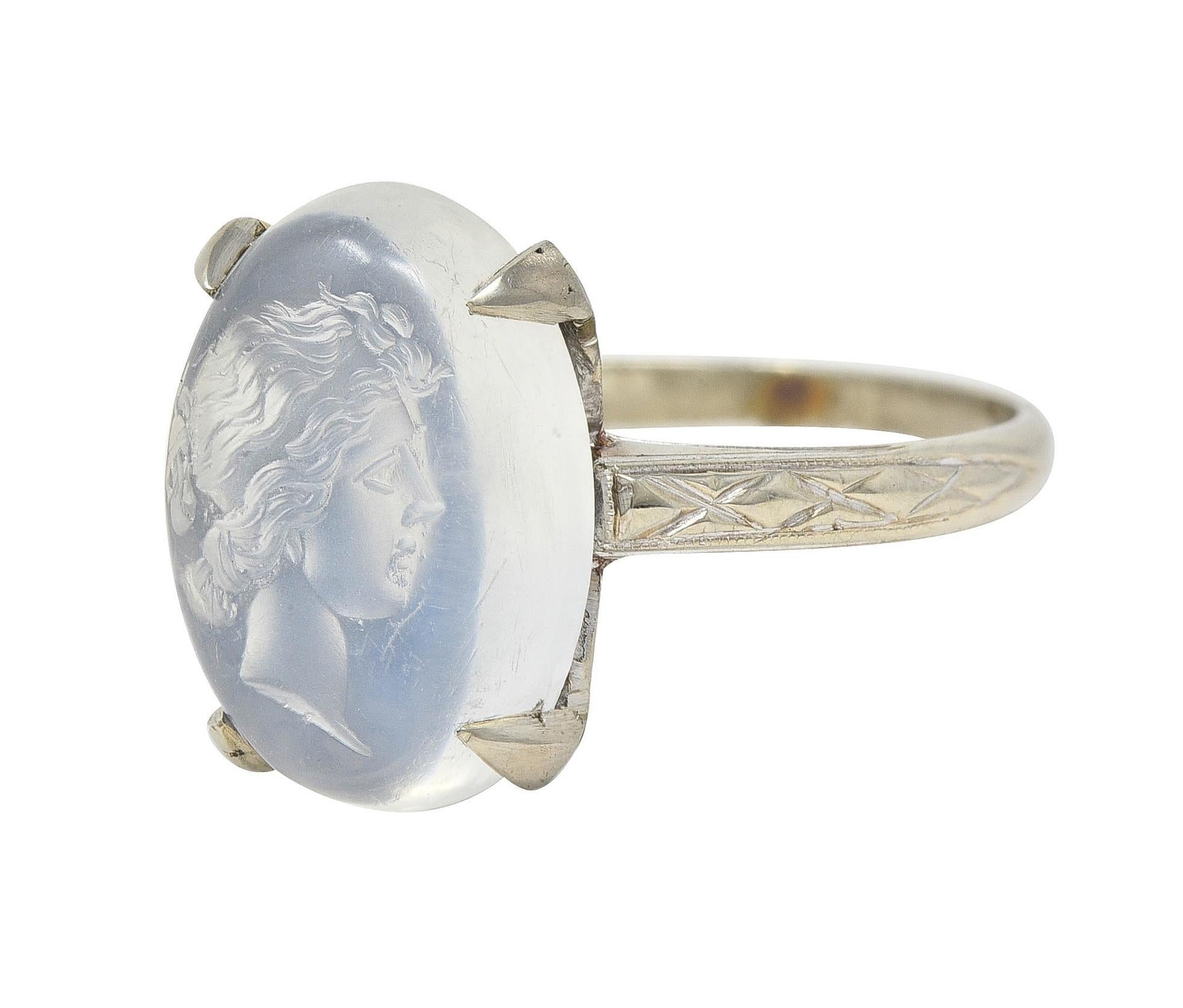 Retro 1943 Carved Moonstone 14 Karat White Gold Vintage Intaglio Ring For Sale 1