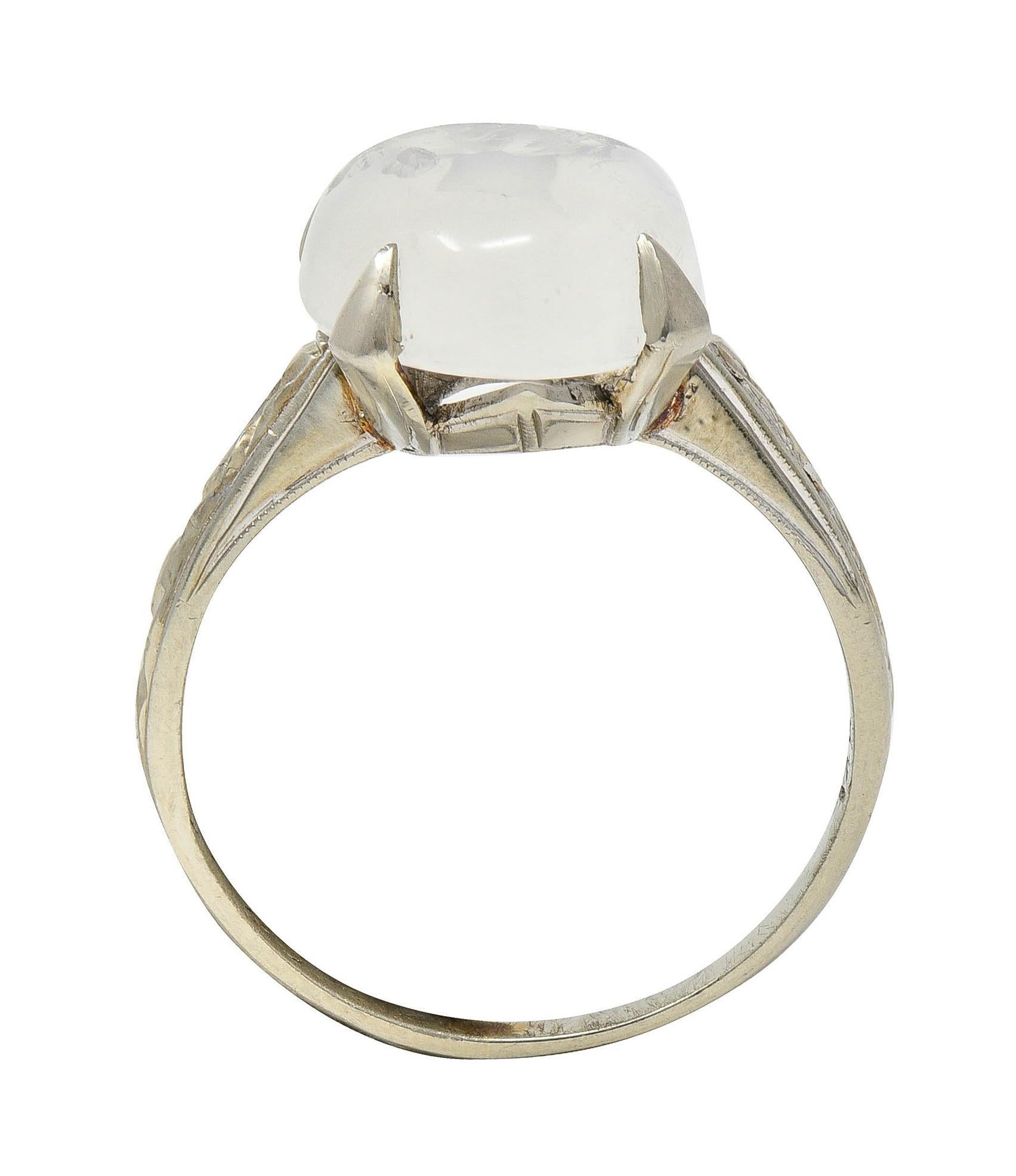 Retro 1943 Carved Moonstone 14 Karat White Gold Vintage Intaglio Ring For Sale 4