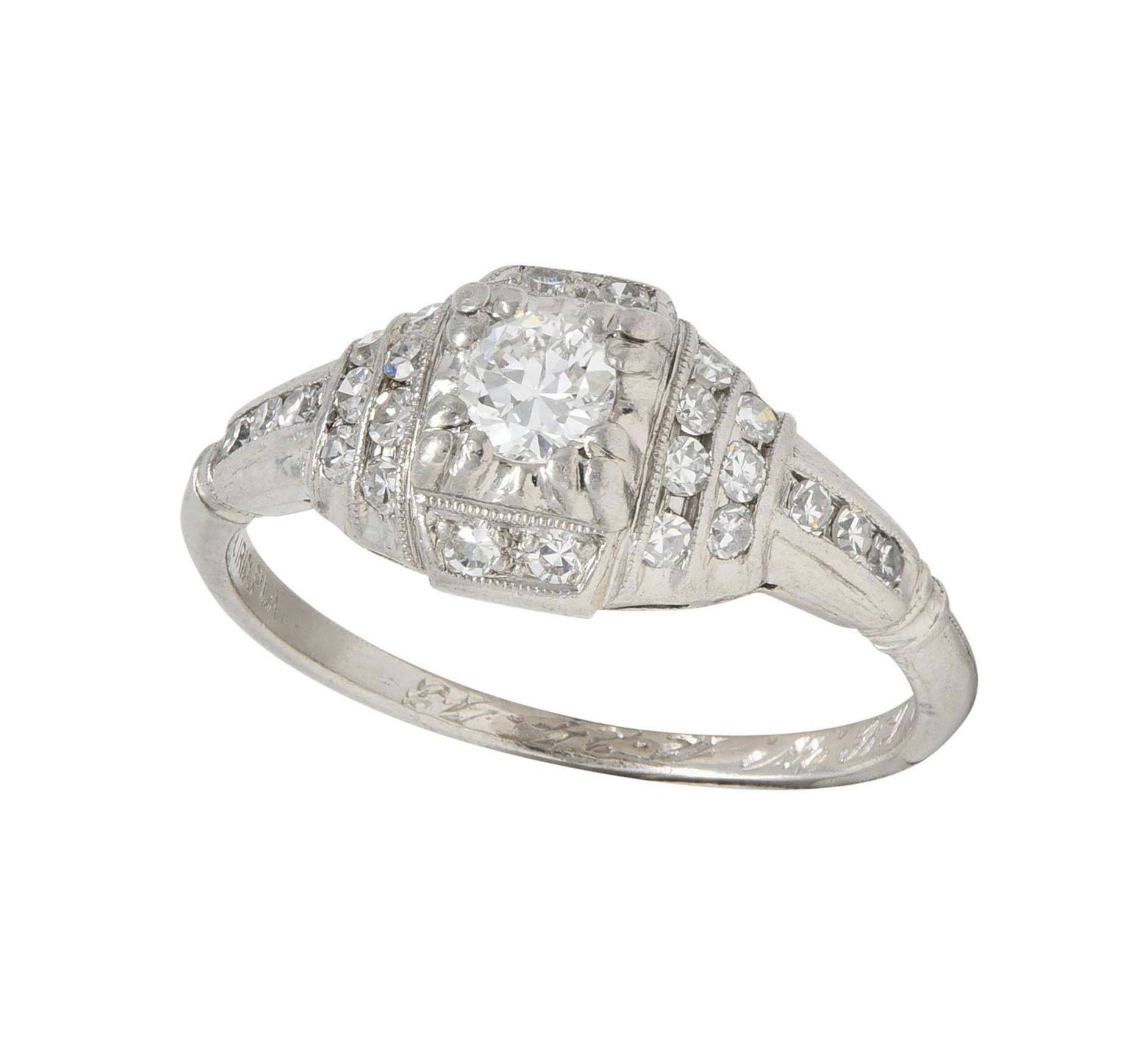 Retro 1943 Old European Cut Diamond Platinum Stepped Vintage Engagement Ring For Sale 10
