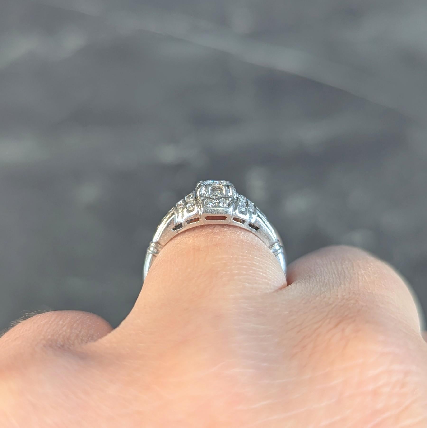Retro 1943 Old European Cut Diamond Platinum Stepped Vintage Engagement Ring For Sale 11