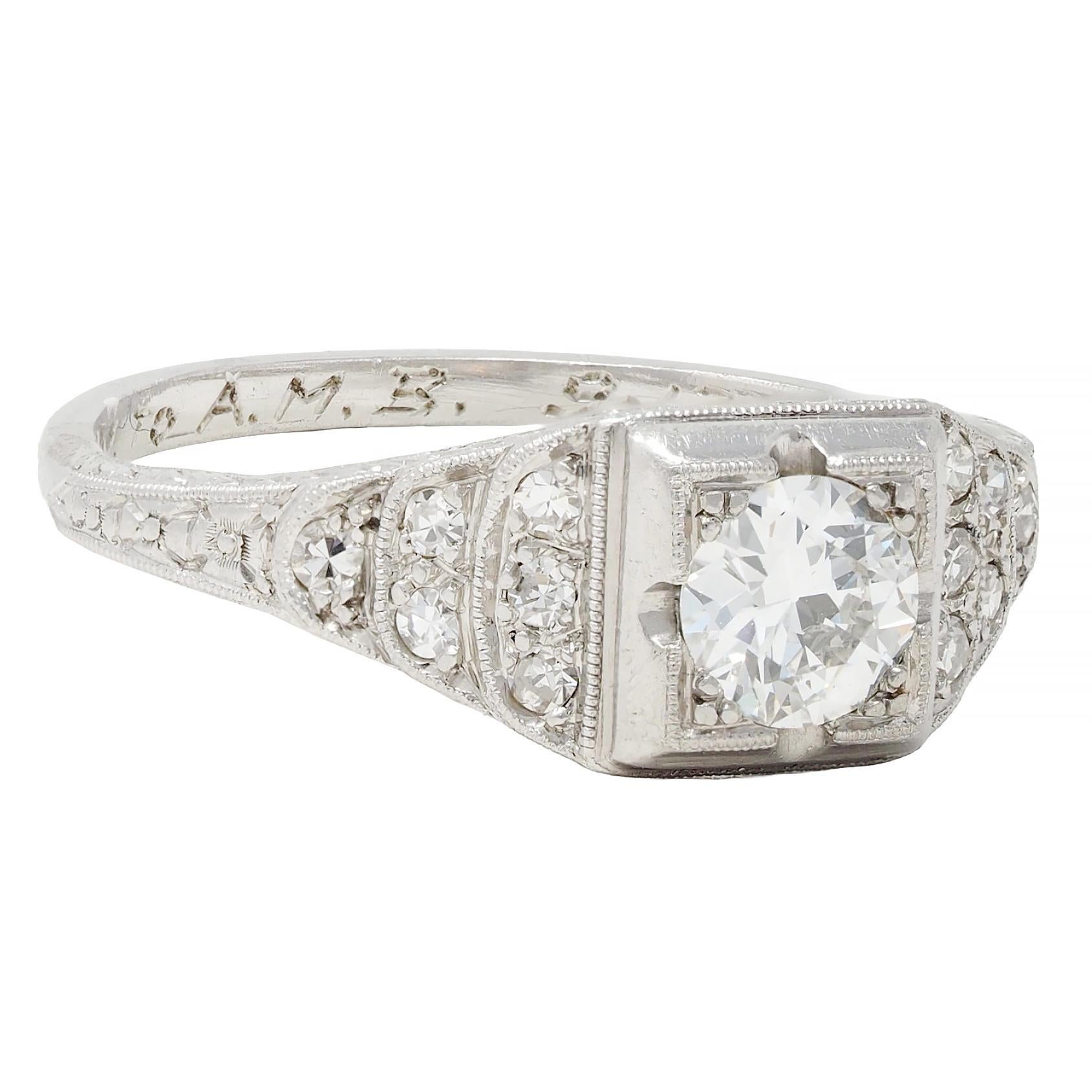 Single Cut Retro 1945 0.70 CTW Diamond Platinum Vintage Stepped Engagement Ring For Sale