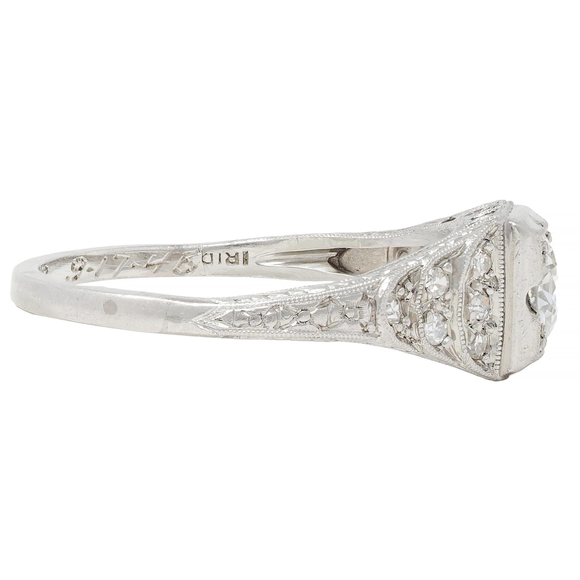 Retro 1945 0.70 CTW Diamond Platinum Vintage Stepped Engagement Ring In Excellent Condition For Sale In Philadelphia, PA