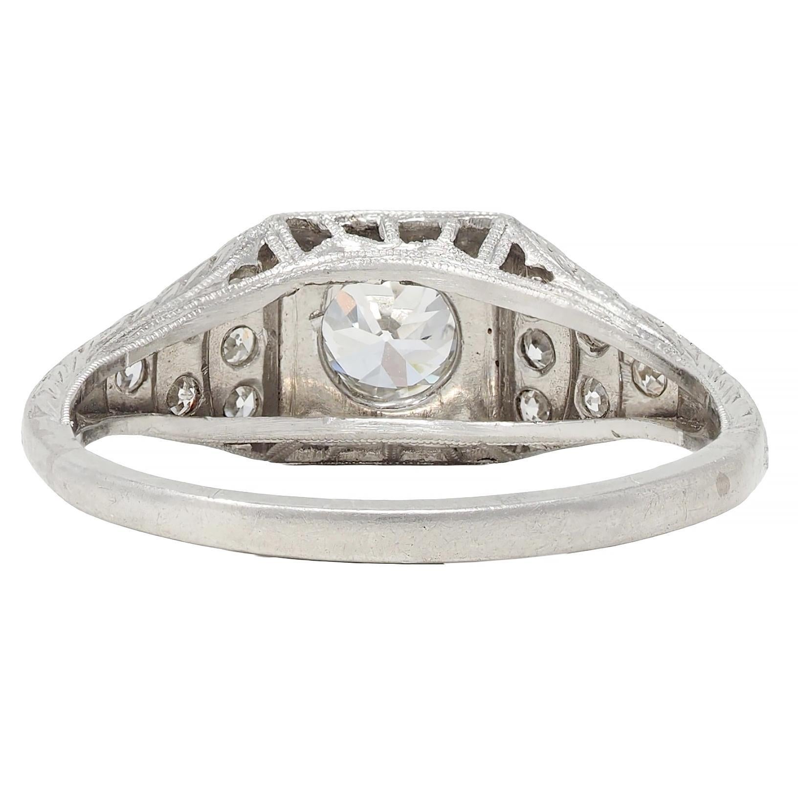 Women's or Men's Retro 1945 0.70 CTW Diamond Platinum Vintage Stepped Engagement Ring For Sale