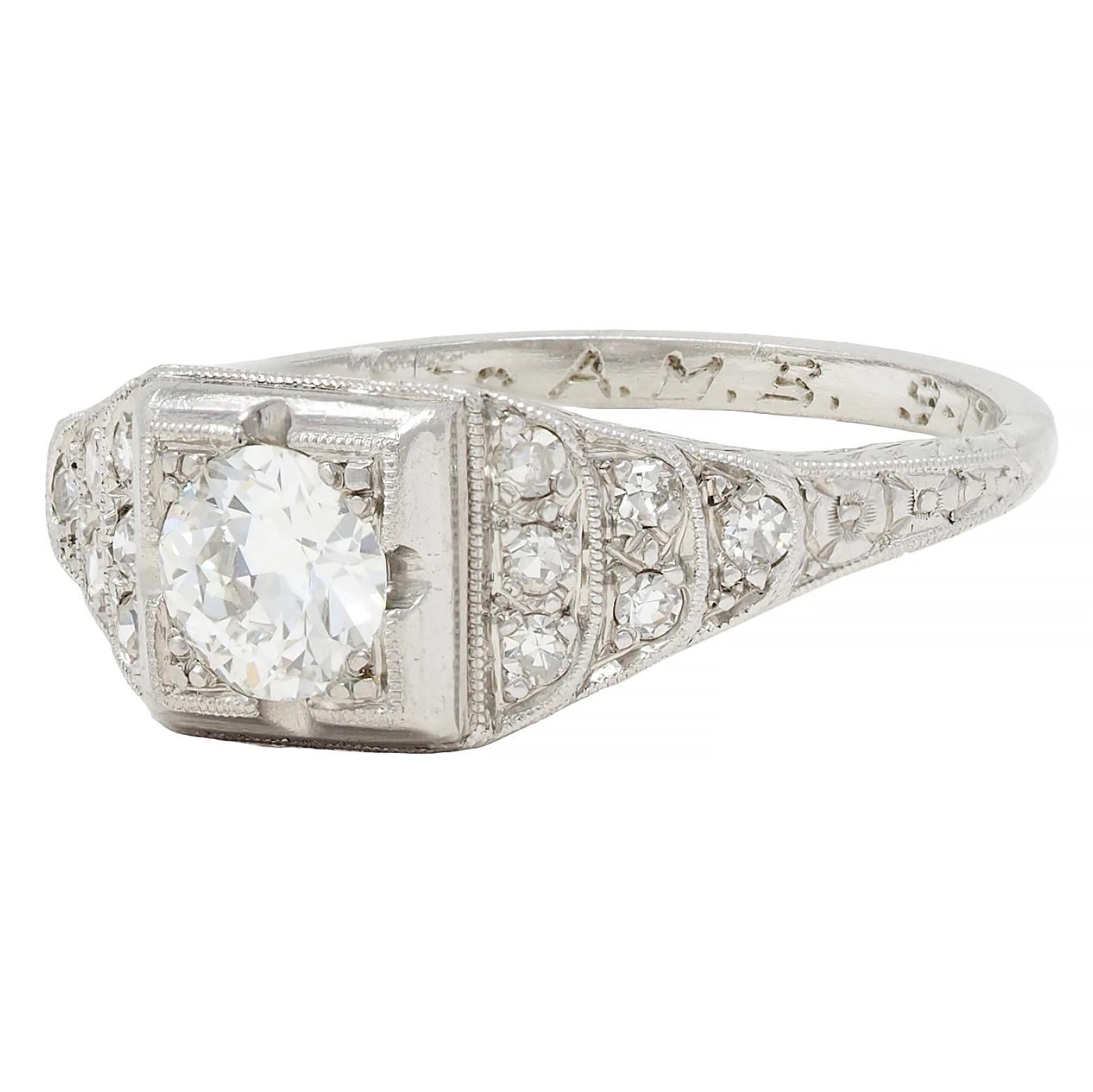 Retro 1945 0.70 CTW Diamond Platinum Vintage Stepped Engagement Ring For Sale 1