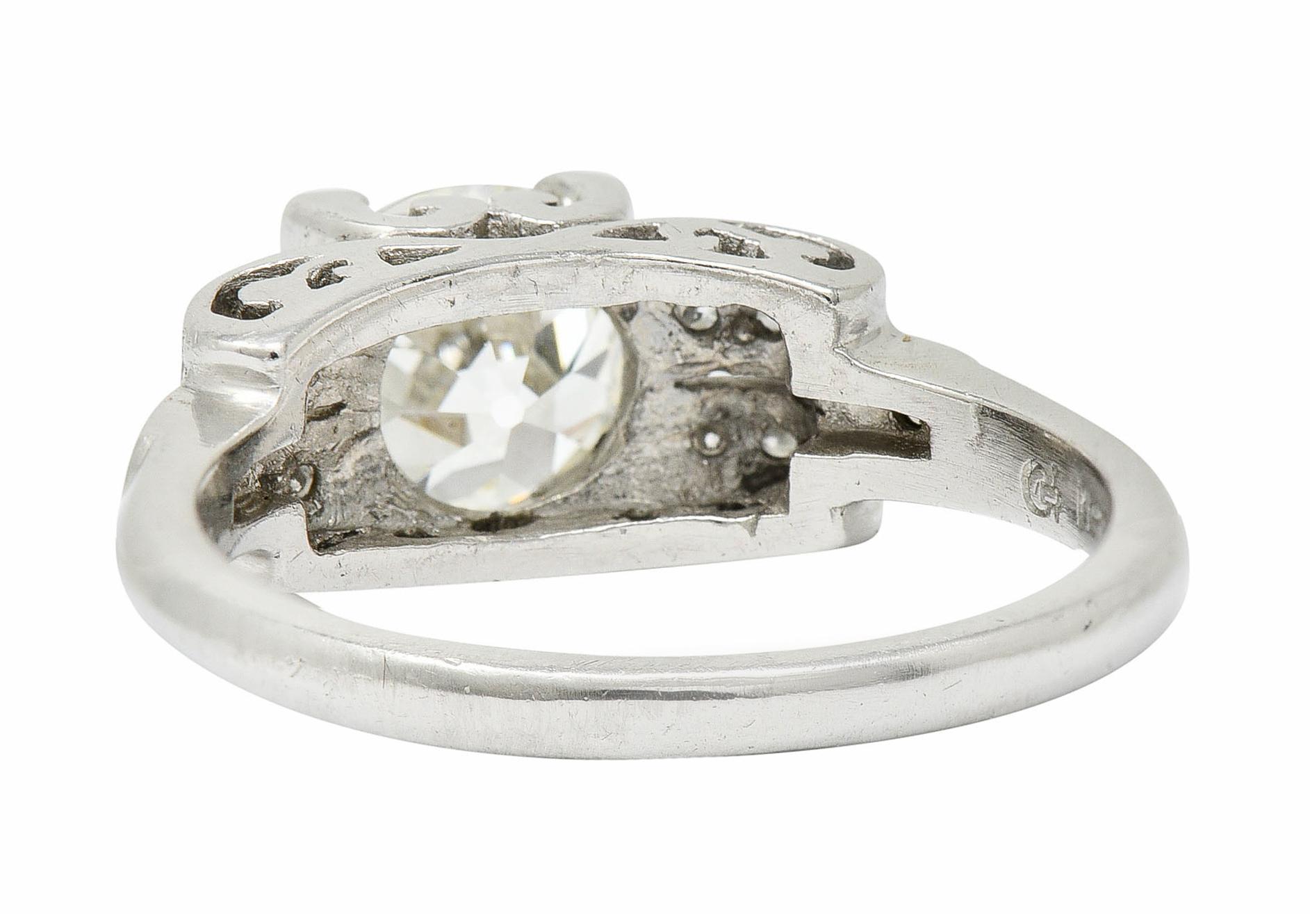 Art Deco 1.95 CTW Diamond Platinum Scrolled Shoulder Engagement Ring GIA For Sale 2