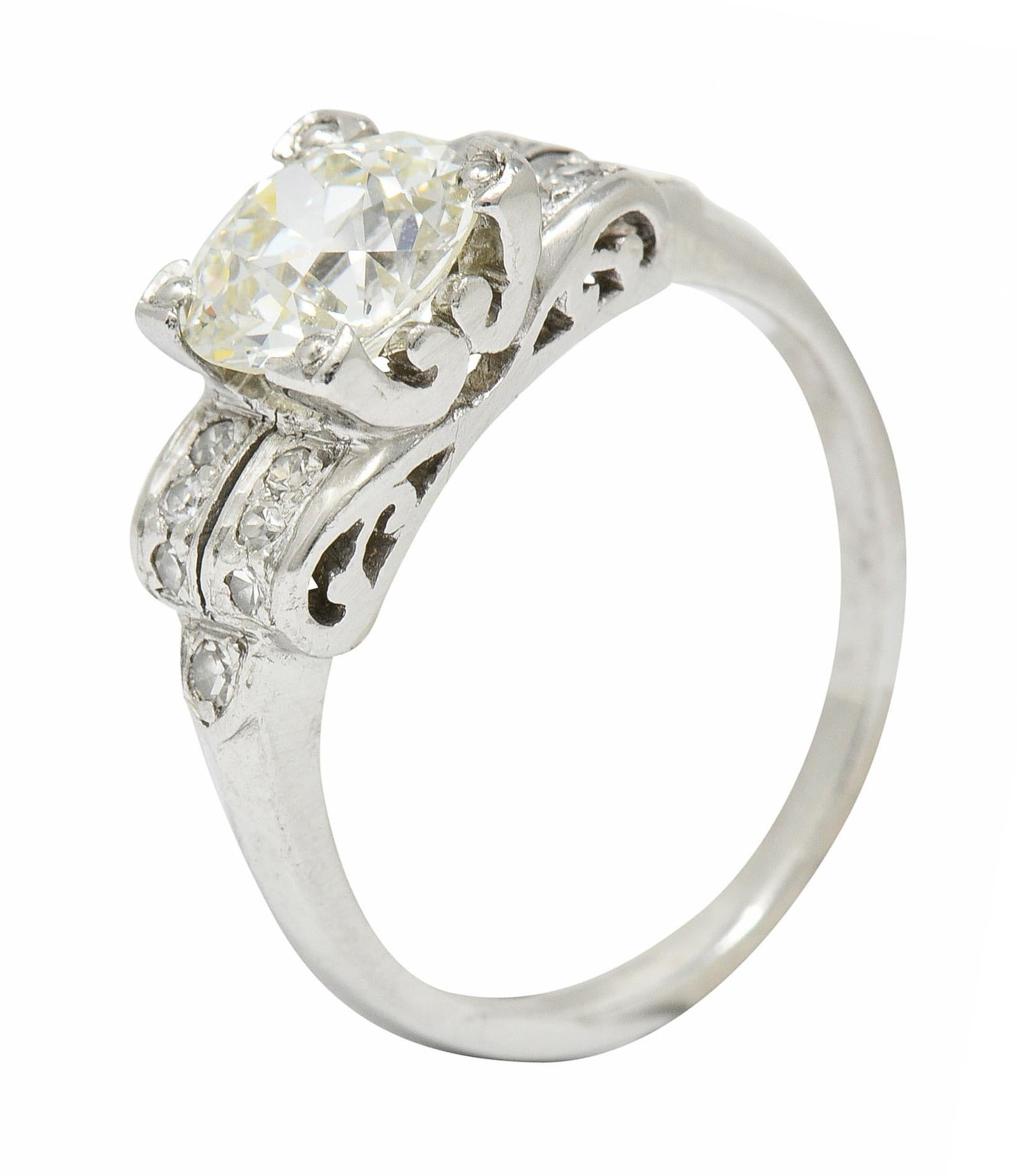 Art Deco 1.95 CTW Diamond Platinum Scrolled Shoulder Engagement Ring GIA For Sale 3