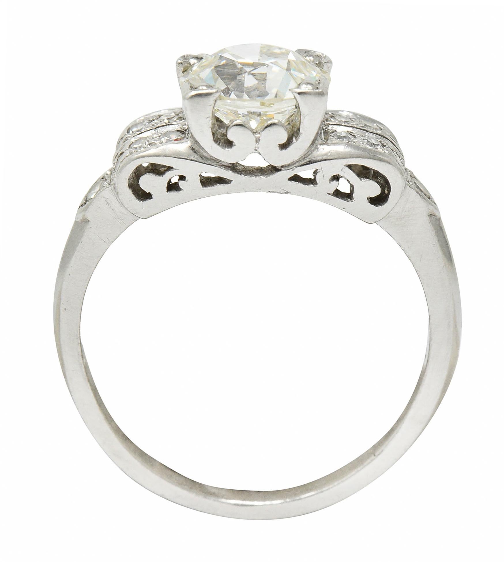Women's or Men's Art Deco 1.95 CTW Diamond Platinum Scrolled Shoulder Engagement Ring GIA For Sale