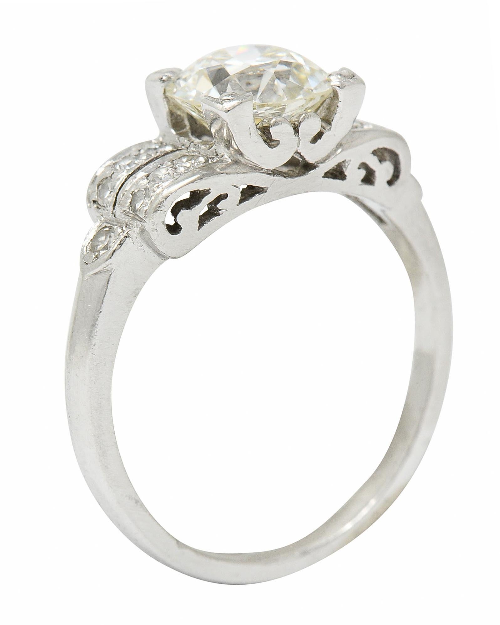 Art Deco 1.95 CTW Diamond Platinum Scrolled Shoulder Engagement Ring GIA For Sale 1