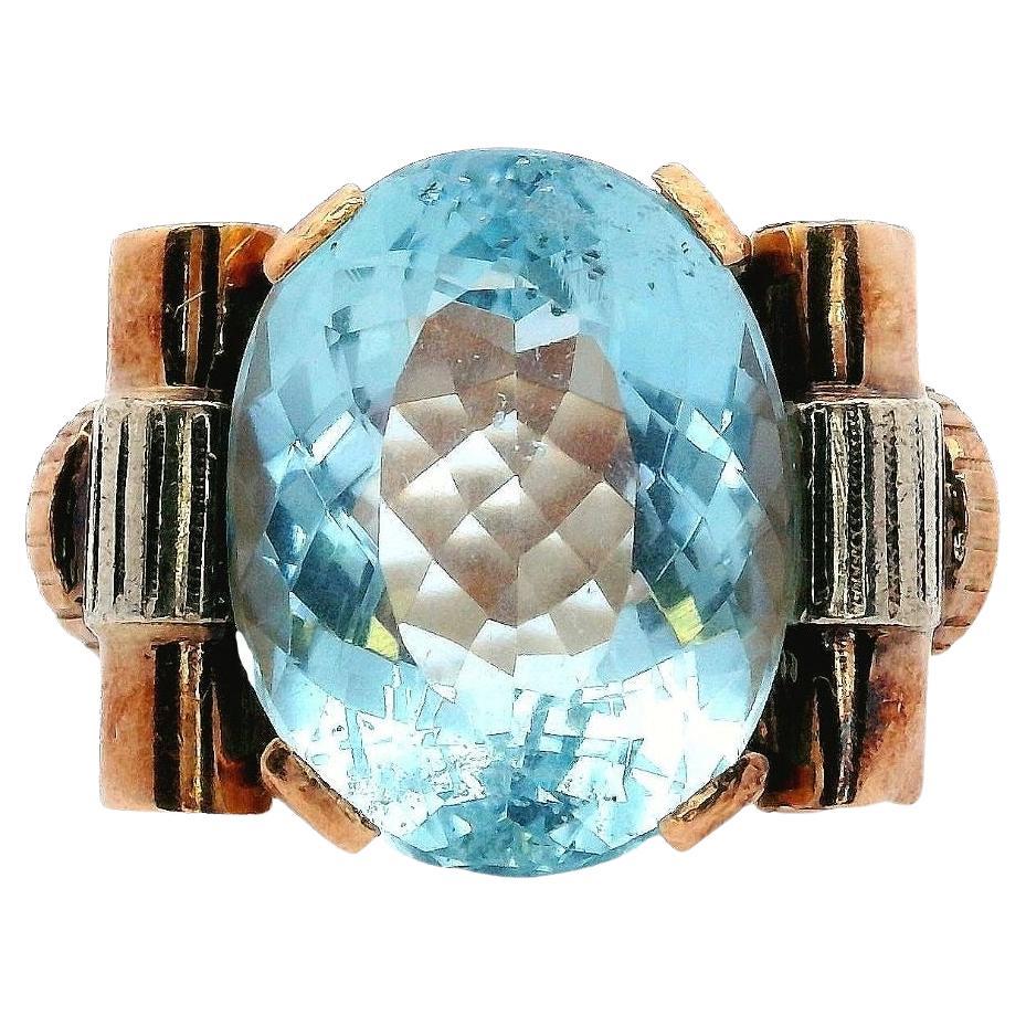 Retro 1950 18kt yellow and white Gold Ring with Brazilian Aquamarine