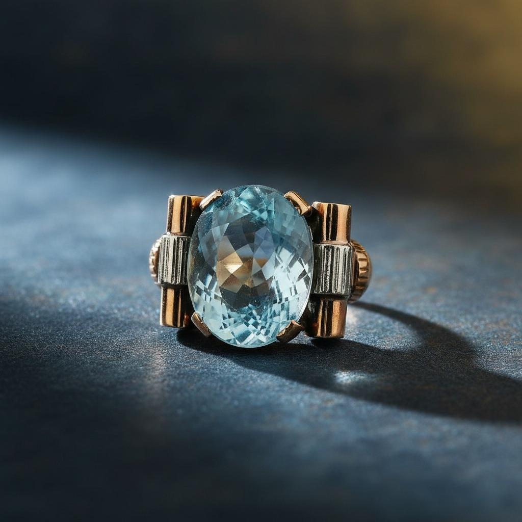 Bague rétro 1950 en or jaune et blanc 18 carats avec aigue-marine du Brésil en vente 1