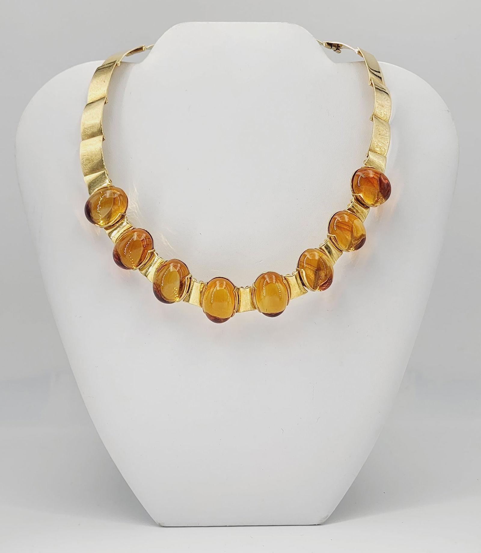 Rétro Collier rétro 1950 en or jaune 18 carats avec 158 carats de citrines cabochons en vente