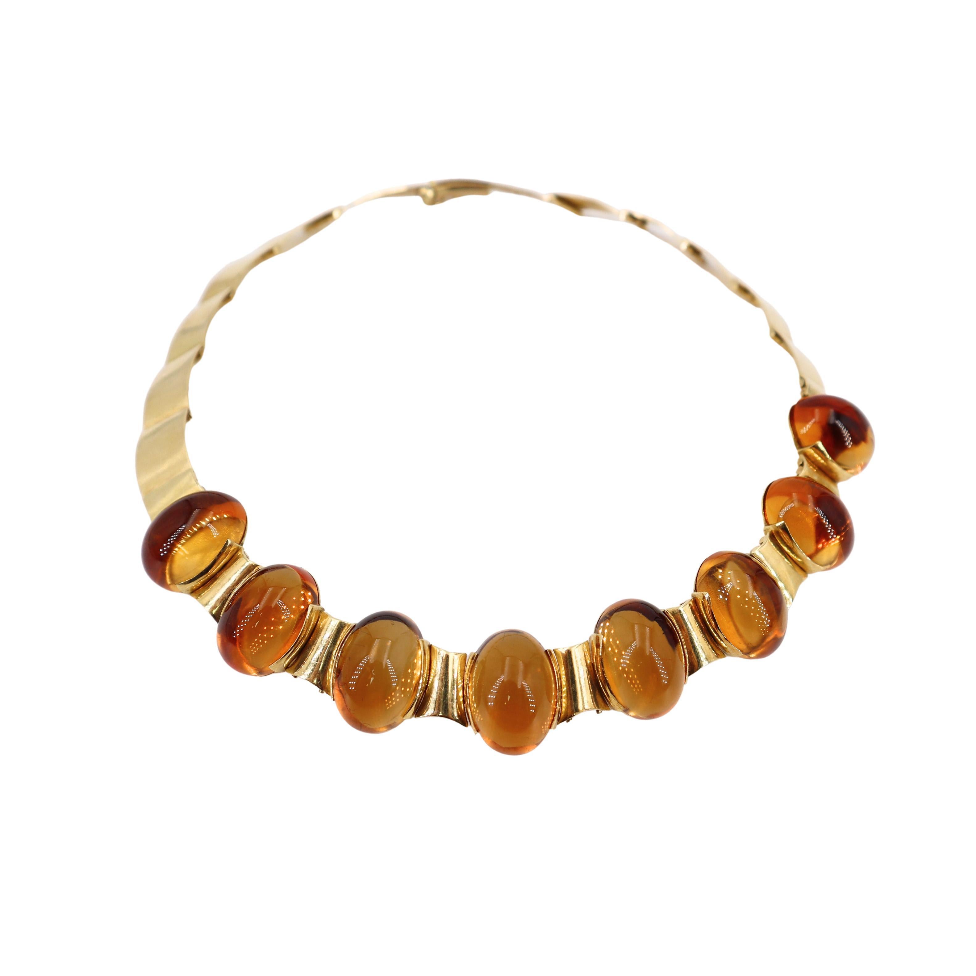 Collier rétro 1950 en or jaune 18 carats avec 158 carats de citrines cabochons en vente 1