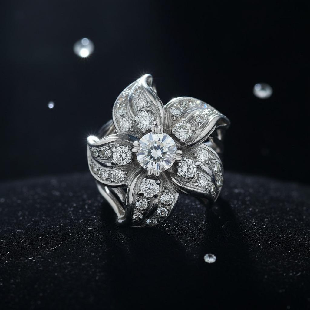 Anillo Retro 1950 Flor de Platino con 1,10 Quilates en Diamantes en venta 3