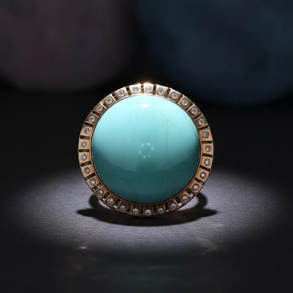 Bague rétro 1950 en or jaune 18 carats avec une turquoise et des diamants 115 carats Unisexe en vente