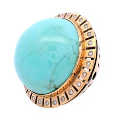 Retro 1950 Ring aus 18 Karat Gelbgold mit 115 Karat Türkis und Diamanten