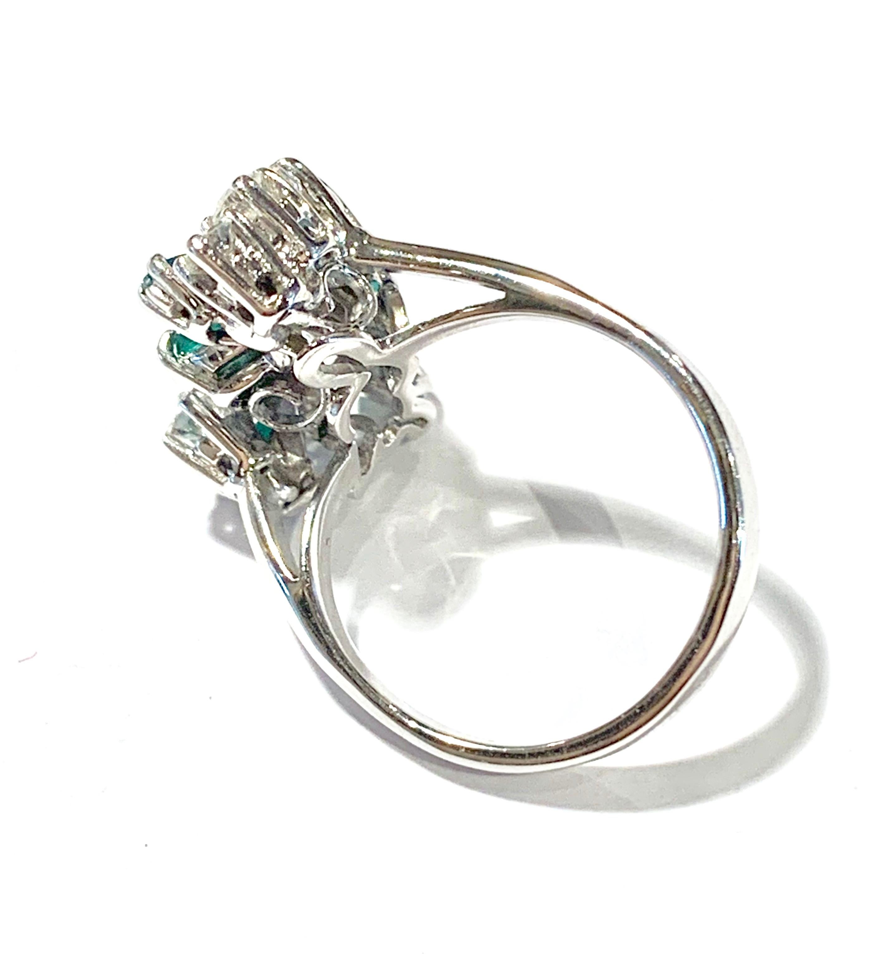 Marquise Cut Retro 1950s 0.60 Carat Emerald 0.40 Diamonds Carat 18 Karat White Gold Ring