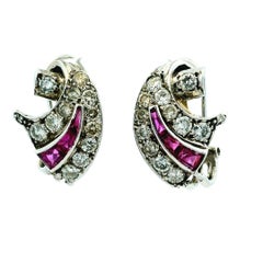 Retro 1950s 14K White Gold Diamond & Ruby Scroll Earrings, 2 Ct Dia & 1 Ct Ruby