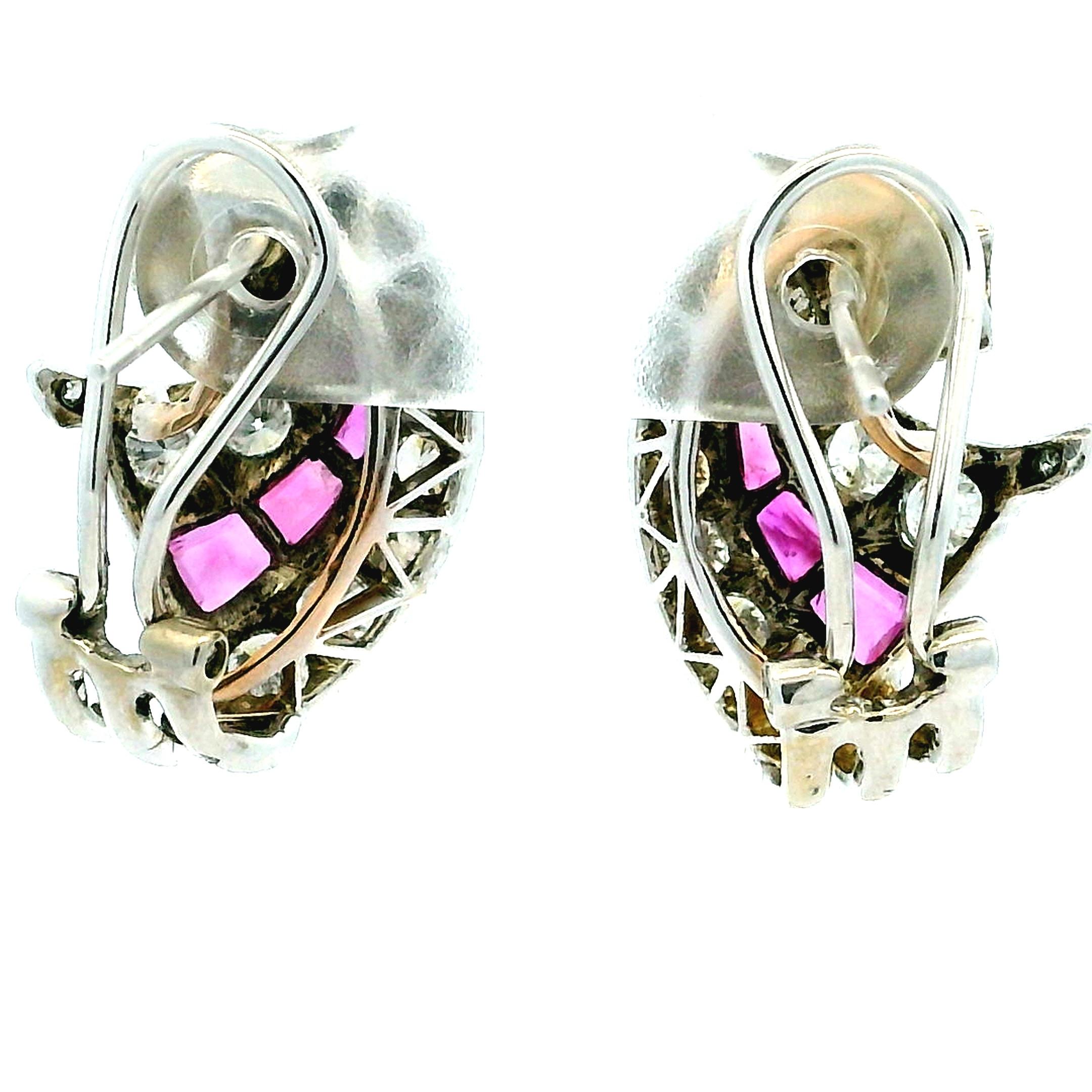 Orecchini retrò anni '50 in oro bianco 14K con diamanti e rubini, 2 carati di diametro e 1 carato di rubino in vendita 2