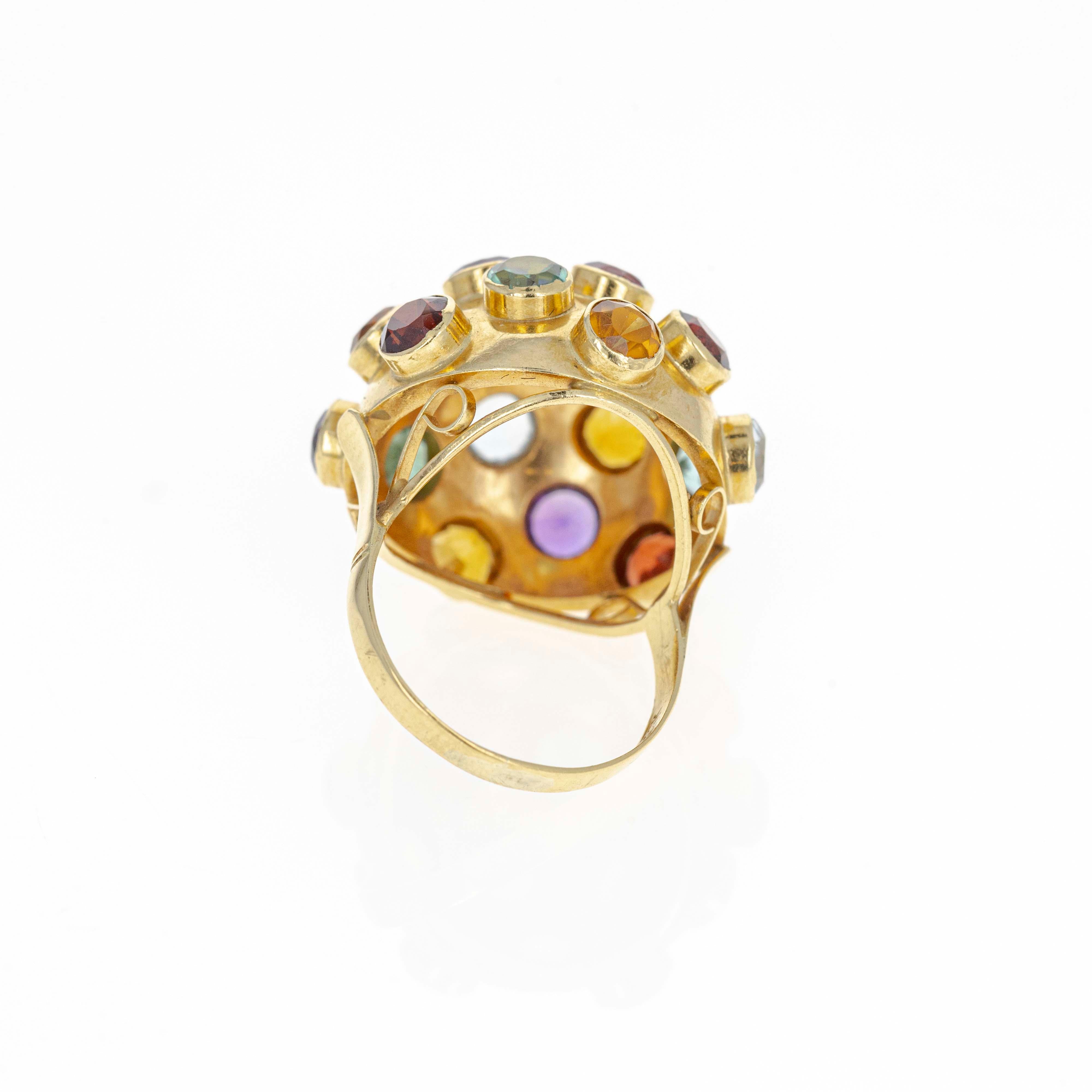 Rétro Bague Sputnik rétro des années 1950 en or jaune 18K à pierres multiples en vente