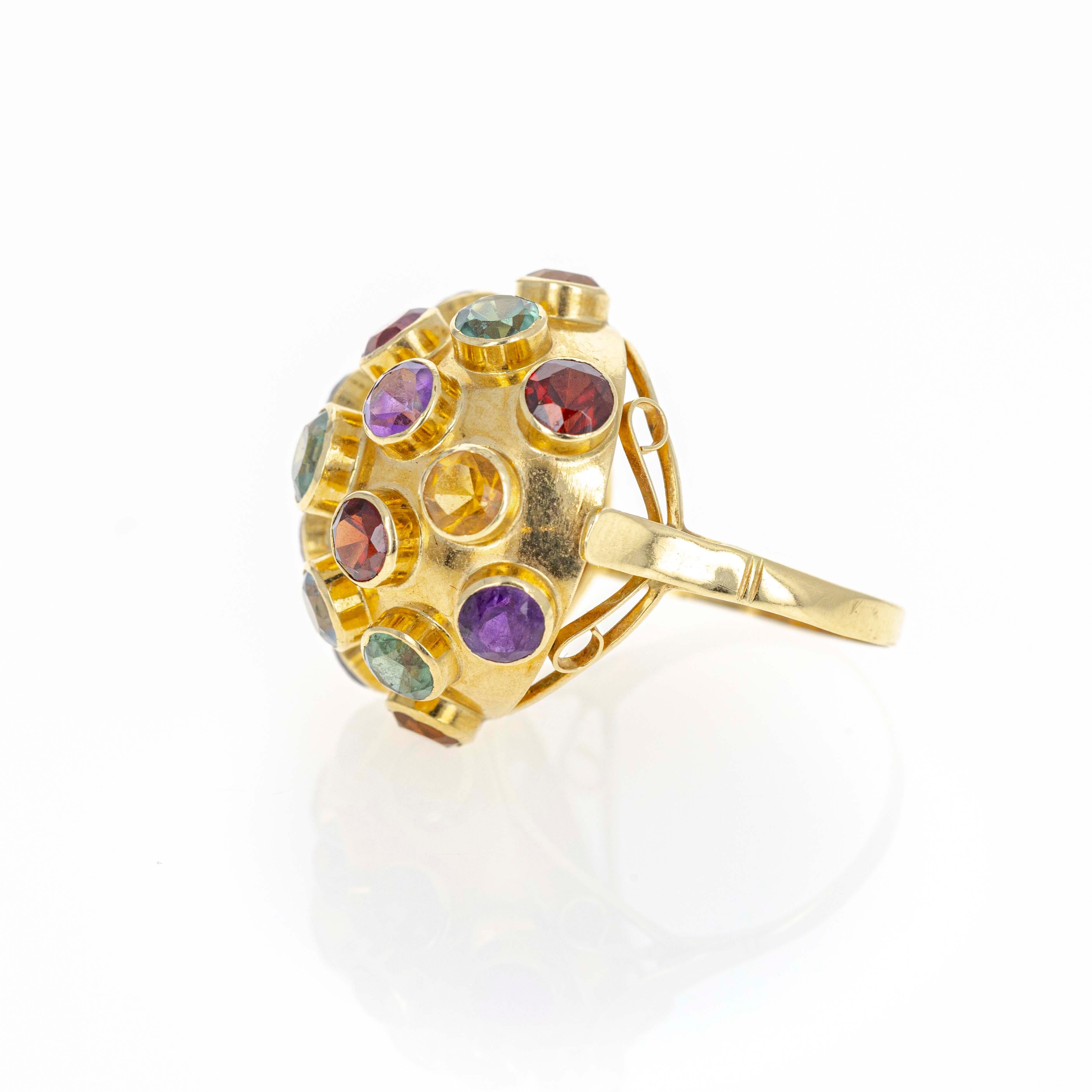 Taille ronde Bague Sputnik rétro des années 1950 en or jaune 18K à pierres multiples en vente