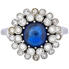 Mid-Century 2.66 Carat No Heat Sapphire Diamond 18 Karat Gold Cluster Ring AGL